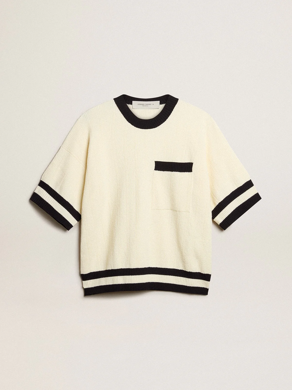 Women | Short-Sleeved Sweater Vintage White with Blue Rib Knit | Antique White x Ink Blue - Image 6