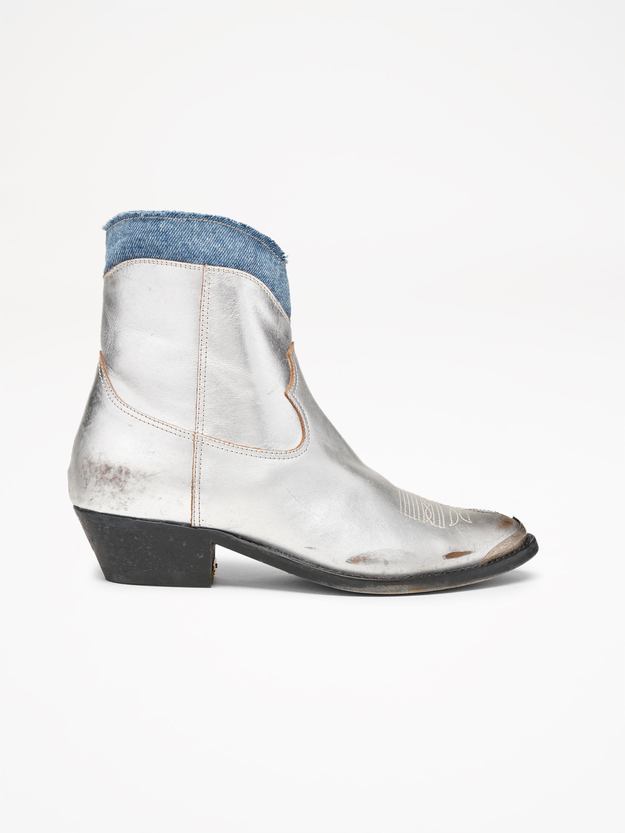 Women | Silver Boots with Denim Decoration - Image 2