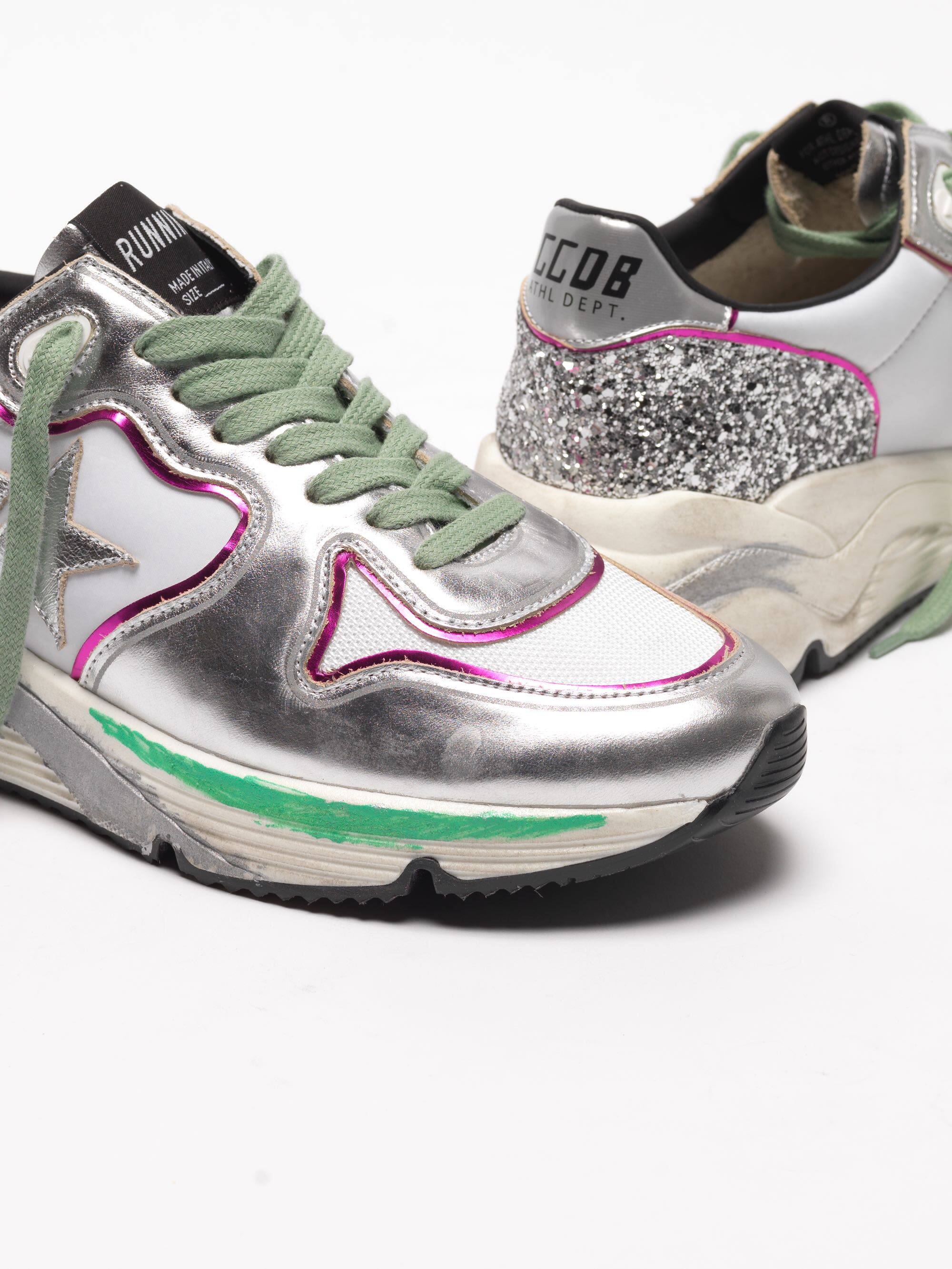 Women | Silver Running Sole Sneakers with Glitter & Fuchsia Edging - Image 4
