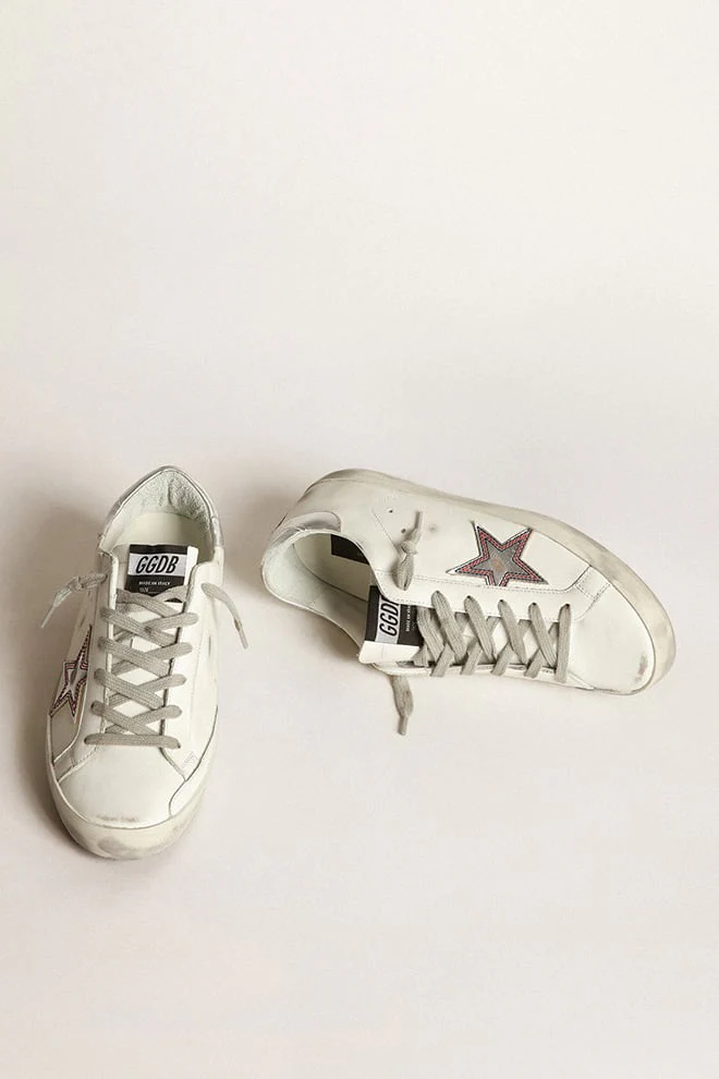Women | Silver Star Super-Star Sneakers with Contrasting Stitching | White x Silver x Red Blue - Image 6