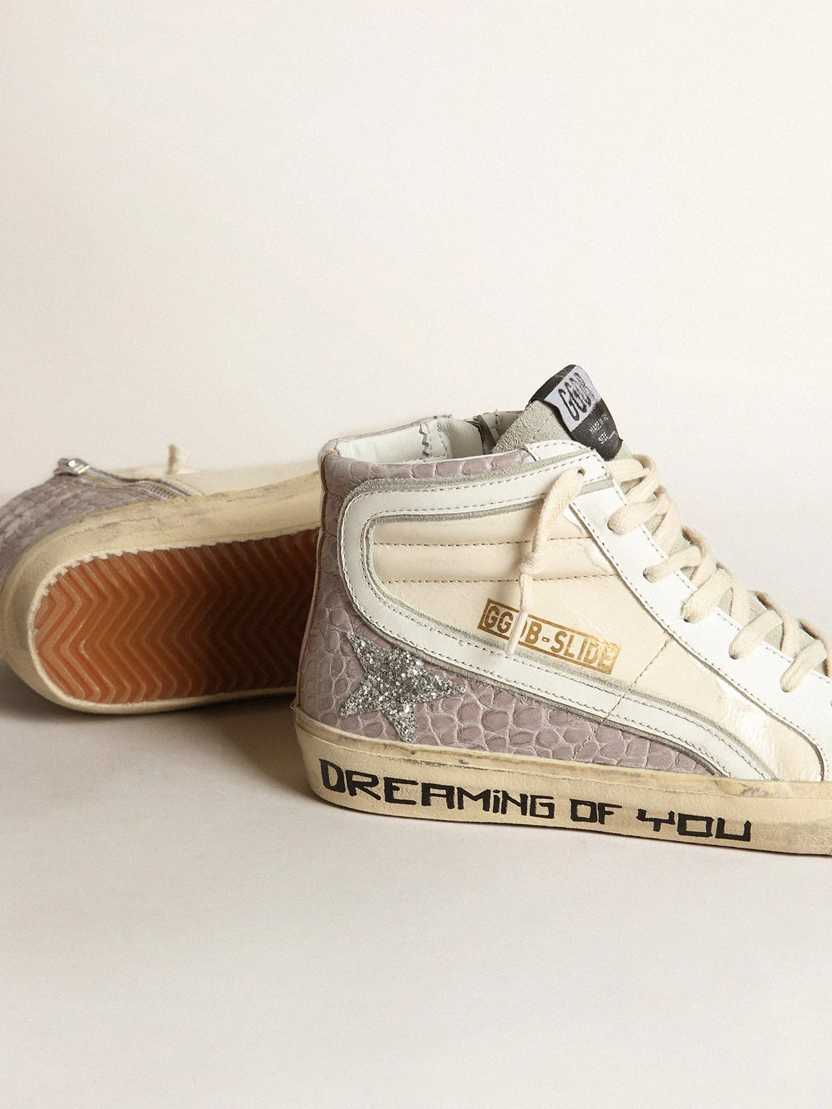 Women | Slide Naplak & Croc-Print Leather with Glitter Star & White Flash | Cream x Dust Pink x Ice x Silver x White - Image 9