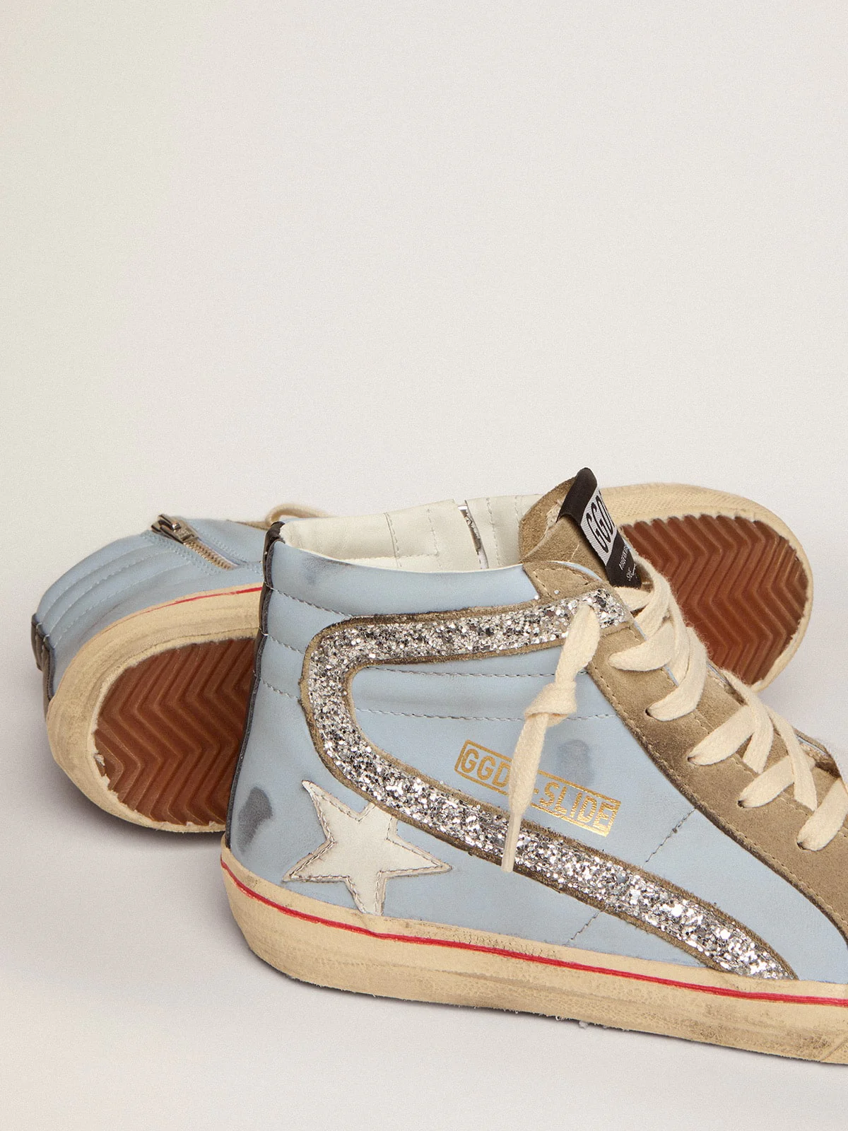 Women | Slide Powder Blue Leather with Dove Gray Suede Tongue | Powder Blue x Taupe x White x Silver - Image 3