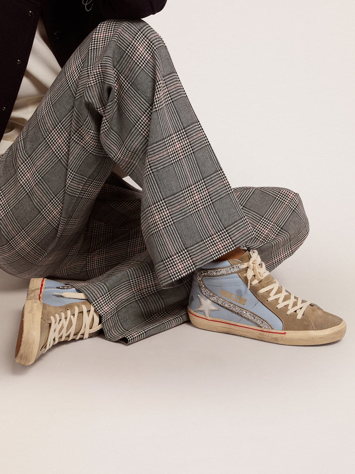 Women | Slide Powder Blue Leather with Dove Gray Suede Tongue | Powder Blue x Taupe x White x Silver - Image 5