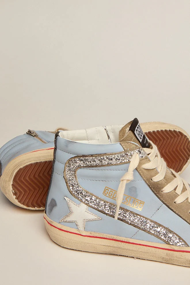 Women | Slide Powder Blue Leather with Dove Gray Suede Tongue | Powder Blue x Taupe x White x Silver - Image 6