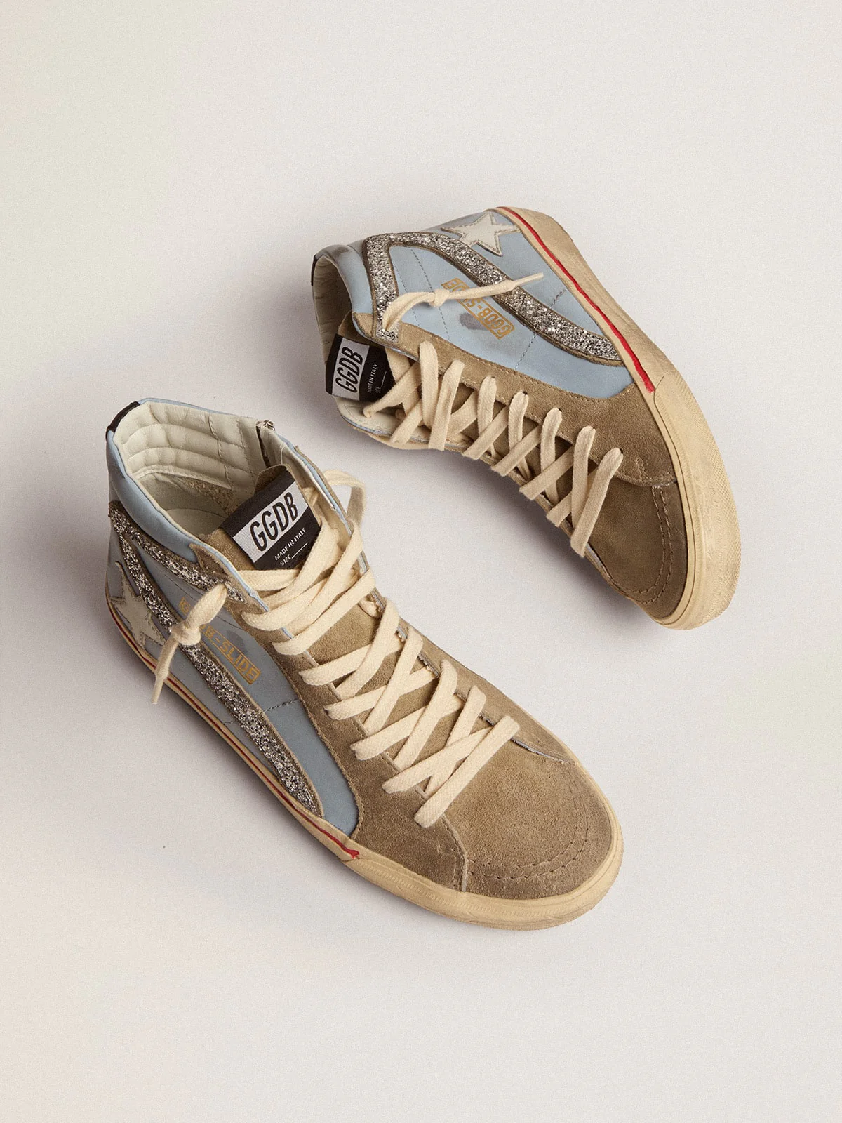 Women | Slide Powder Blue Leather with Dove Gray Suede Tongue | Powder Blue x Taupe x White x Silver - Image 7