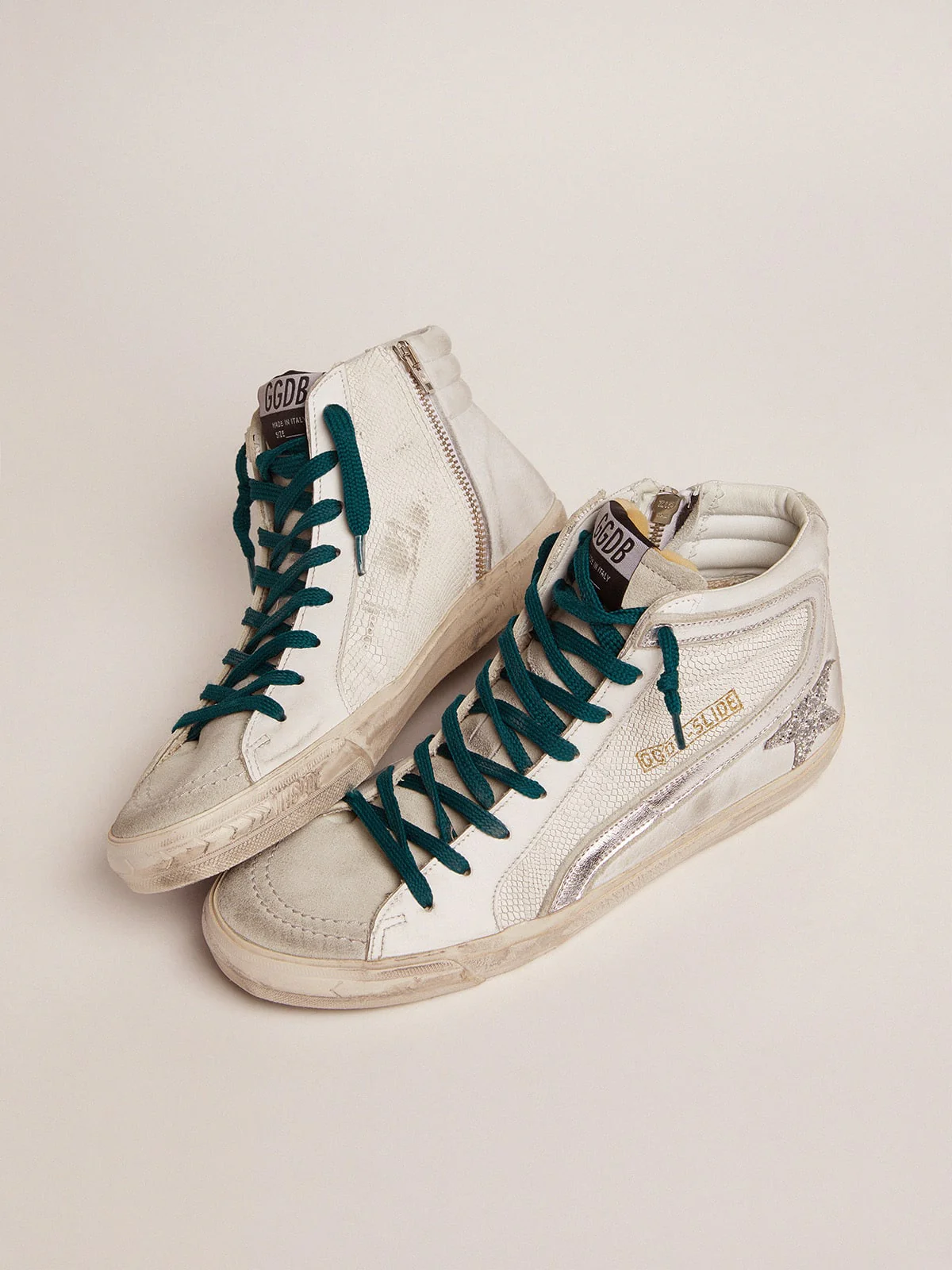 Women | Slide Sneakers with Snake-Print Leather Upper & Glitter Star | White x Ice x Silver - Image 7