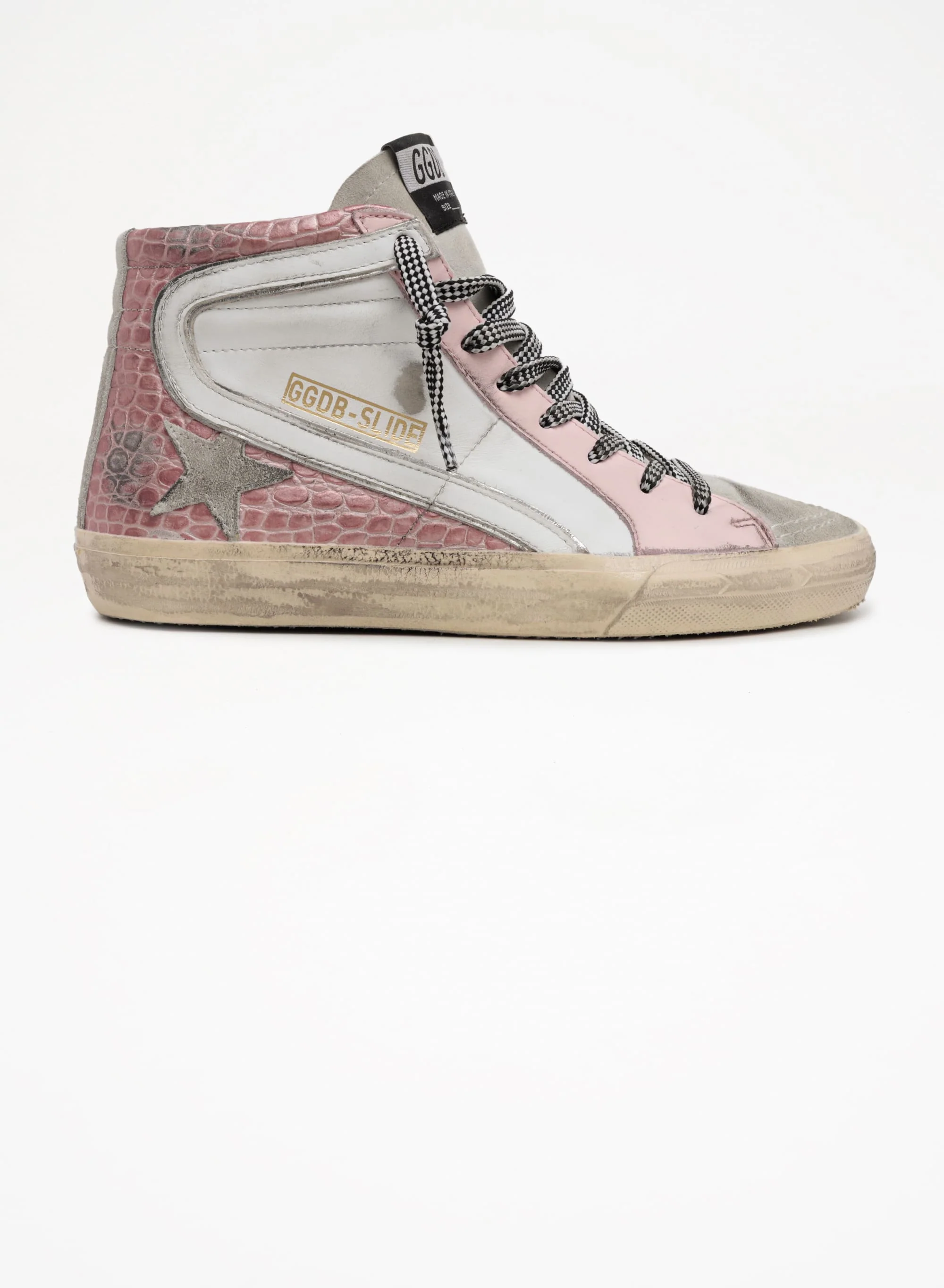 Women | Slide Sneakers with White Leather & Pink Crocodile-Print Leather Upper | White x Ice x Pink - Image 4