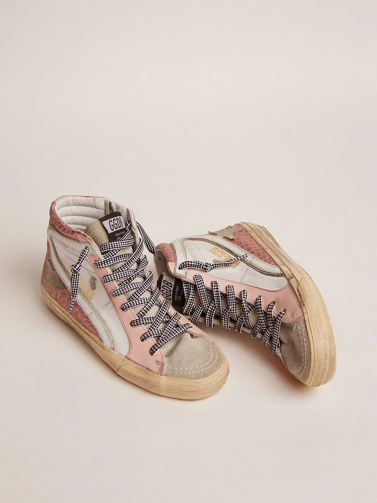 Women | Slide Sneakers with White Leather & Pink Crocodile-Print Leather Upper | White x Ice x Pink - Image 9