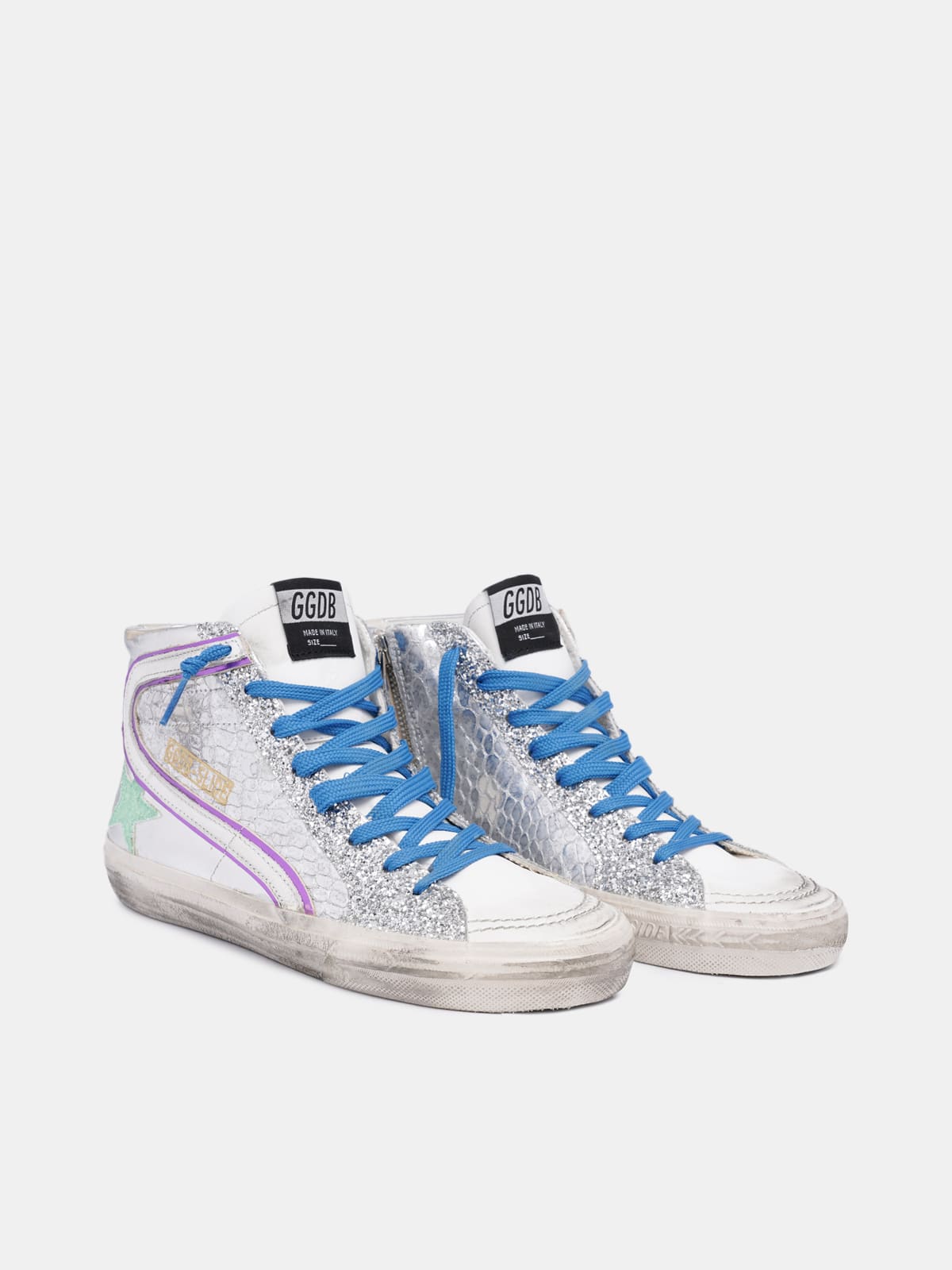 Women | Sneakers Slide Silver Leather-Green Glitter - Image 3