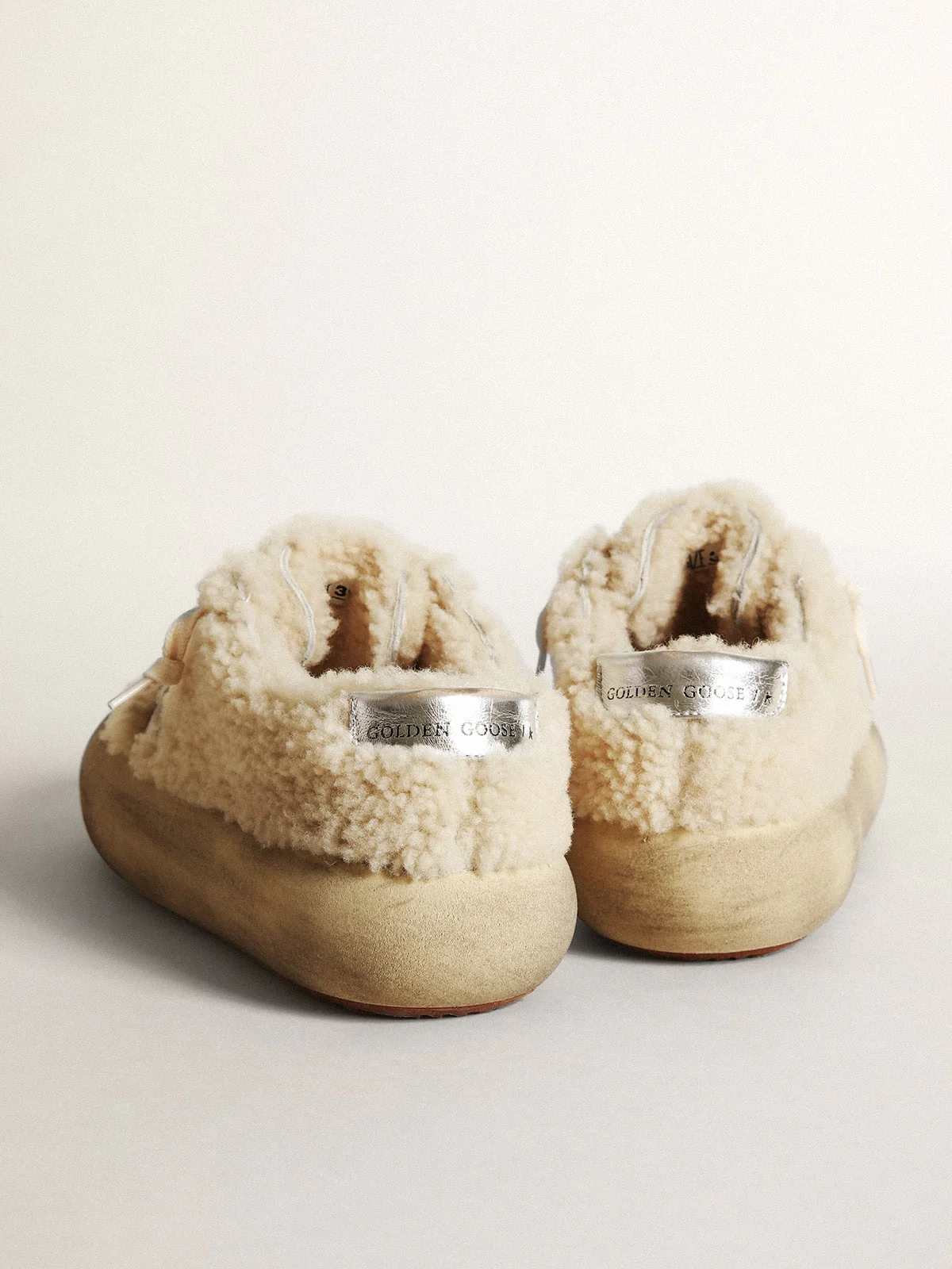Women | Space-Star Shoes Beige Shearling with White Leather Star & Metallic Leather Heel Tab | Beige x White - Image 6