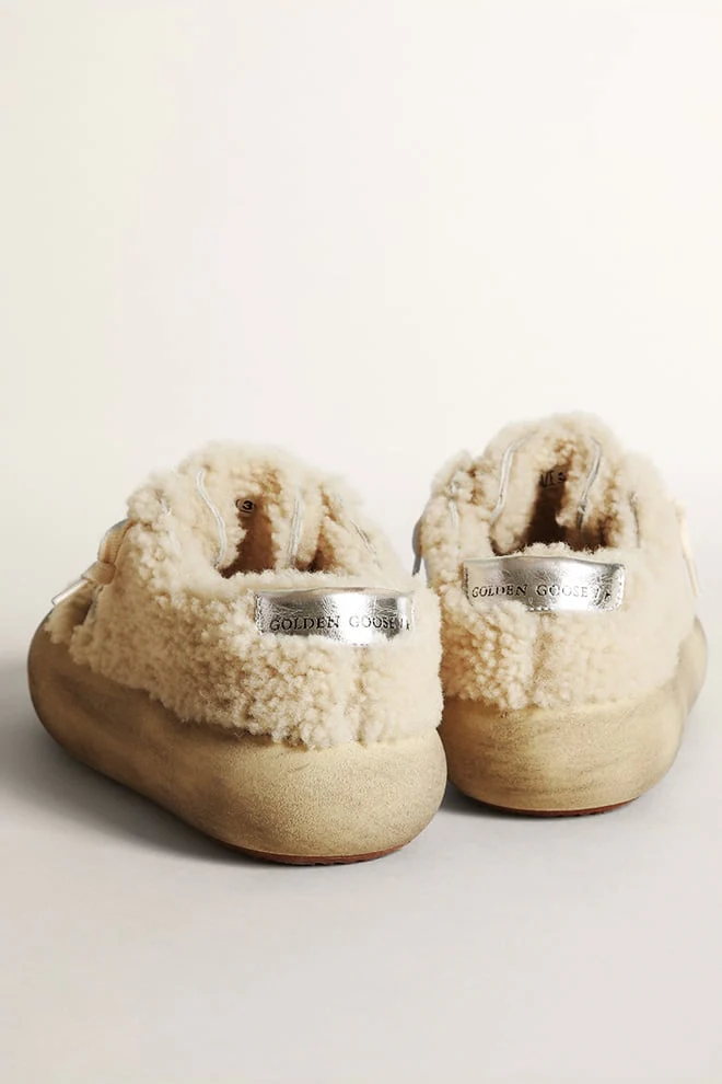 Women | Space-Star Shoes Beige Shearling with White Leather Star & Metallic Leather Heel Tab | Beige x White - Image 9