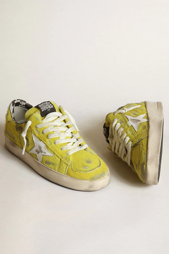 Women | Stardan Fluorescent Yellow Pony Skin with White Star | Yellow Plum x White - Image 2