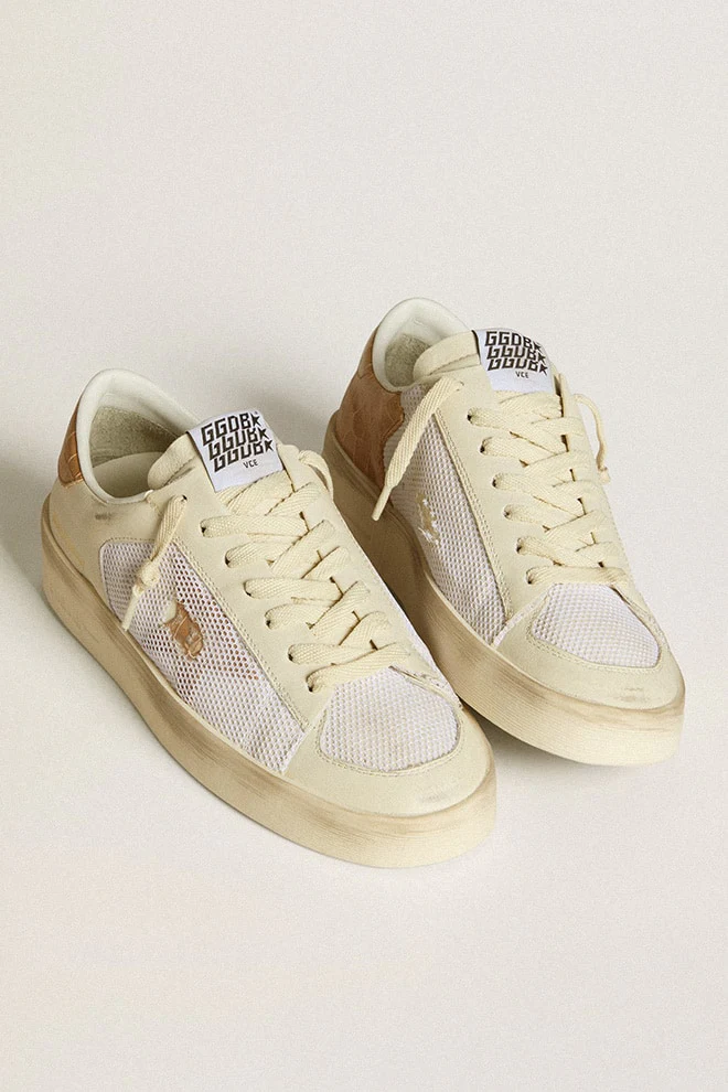 Women | Stardan Ltd with Beige Leather Star & Crocodile Beige Leather Heel Tab | White x Beige - Image 7