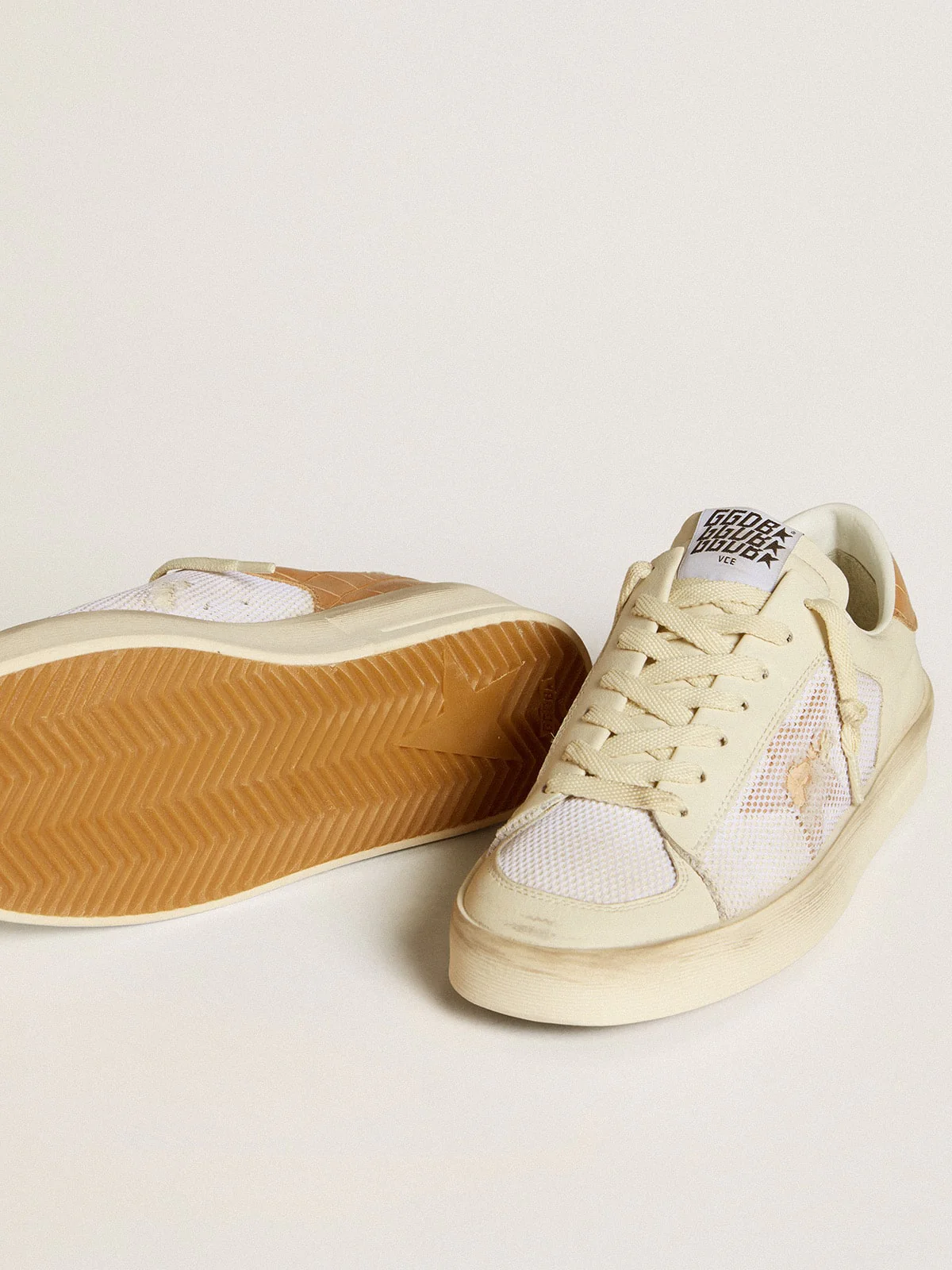 Women | Stardan Ltd with Beige Leather Star & Crocodile Beige Leather Heel Tab | White x Beige - Image 8