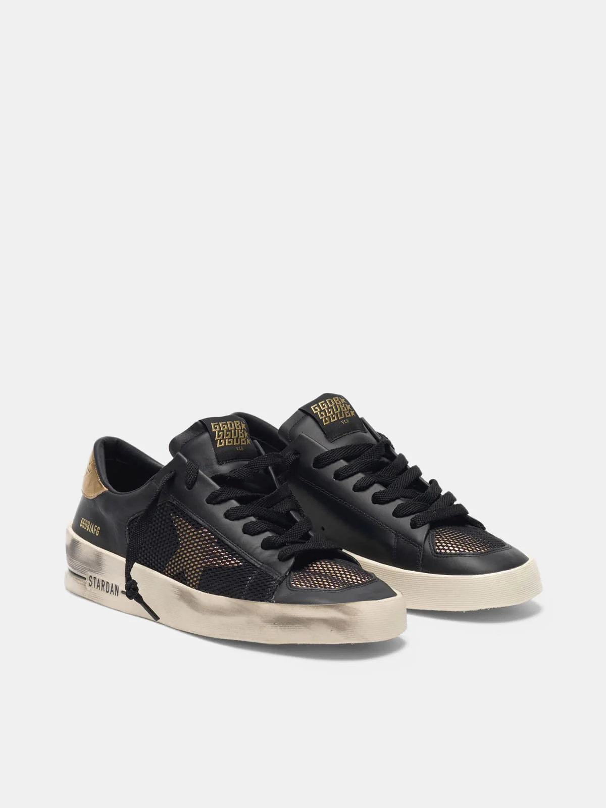 Women | Stardan Sneakers Black & Gold Leather with Mesh Inserts - Image 2