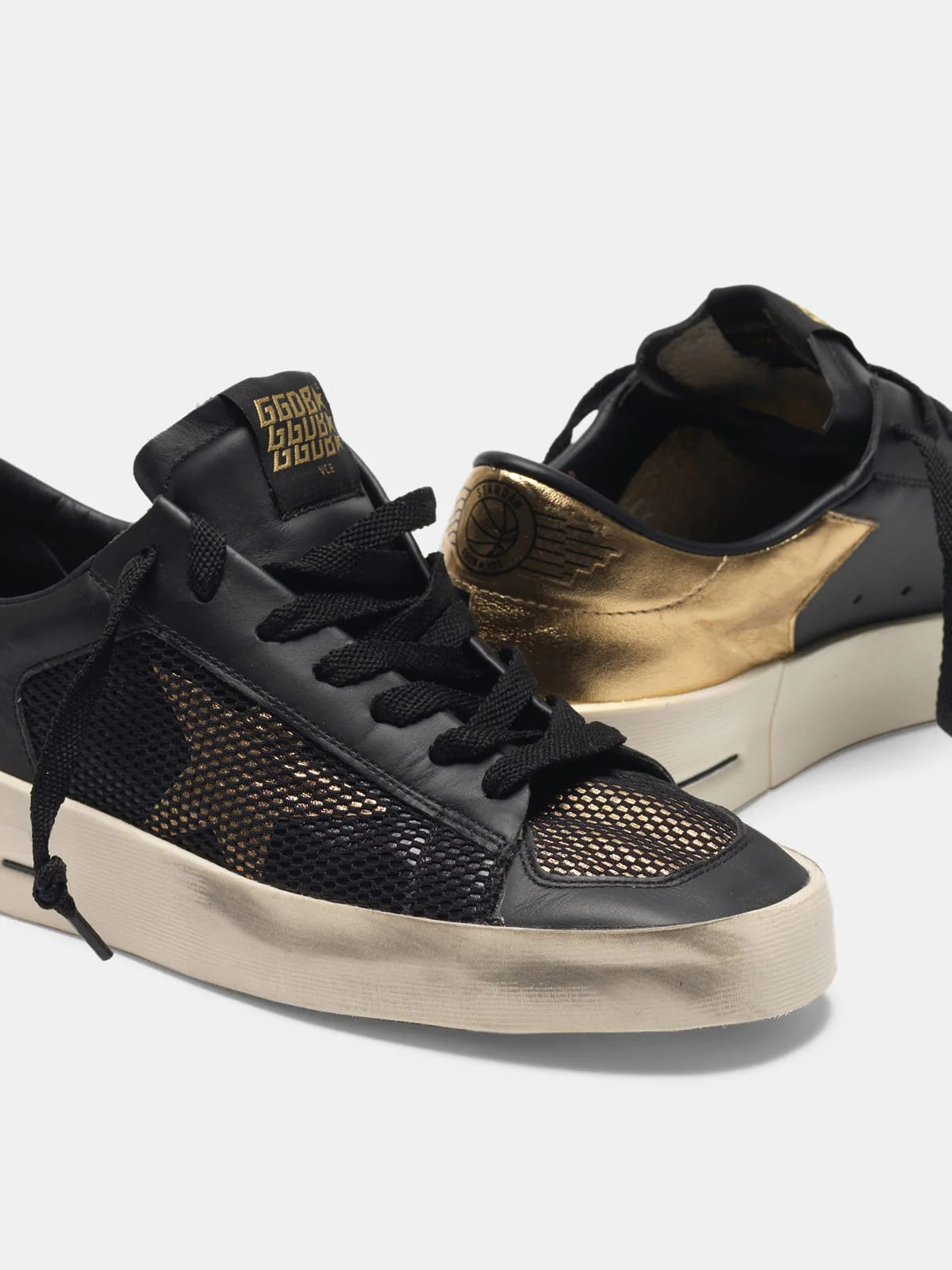 Women | Stardan Sneakers Black & Gold Leather with Mesh Inserts - Image 3