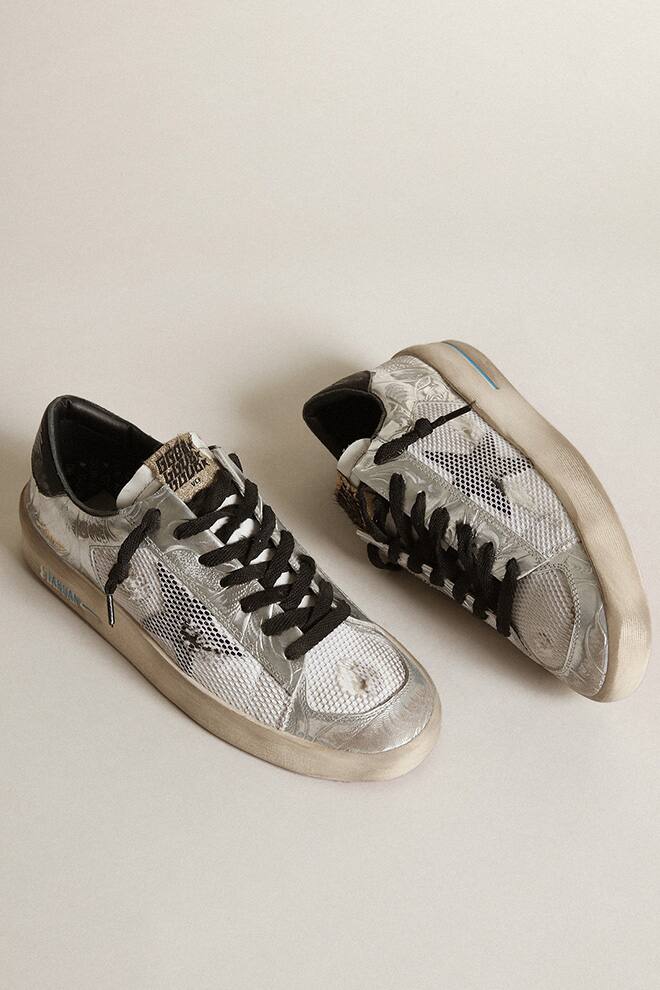 Women | Stardan Sneakers Silver Laminated with Net Star & Black Heel Tab | White x Silver x Black - Image 2