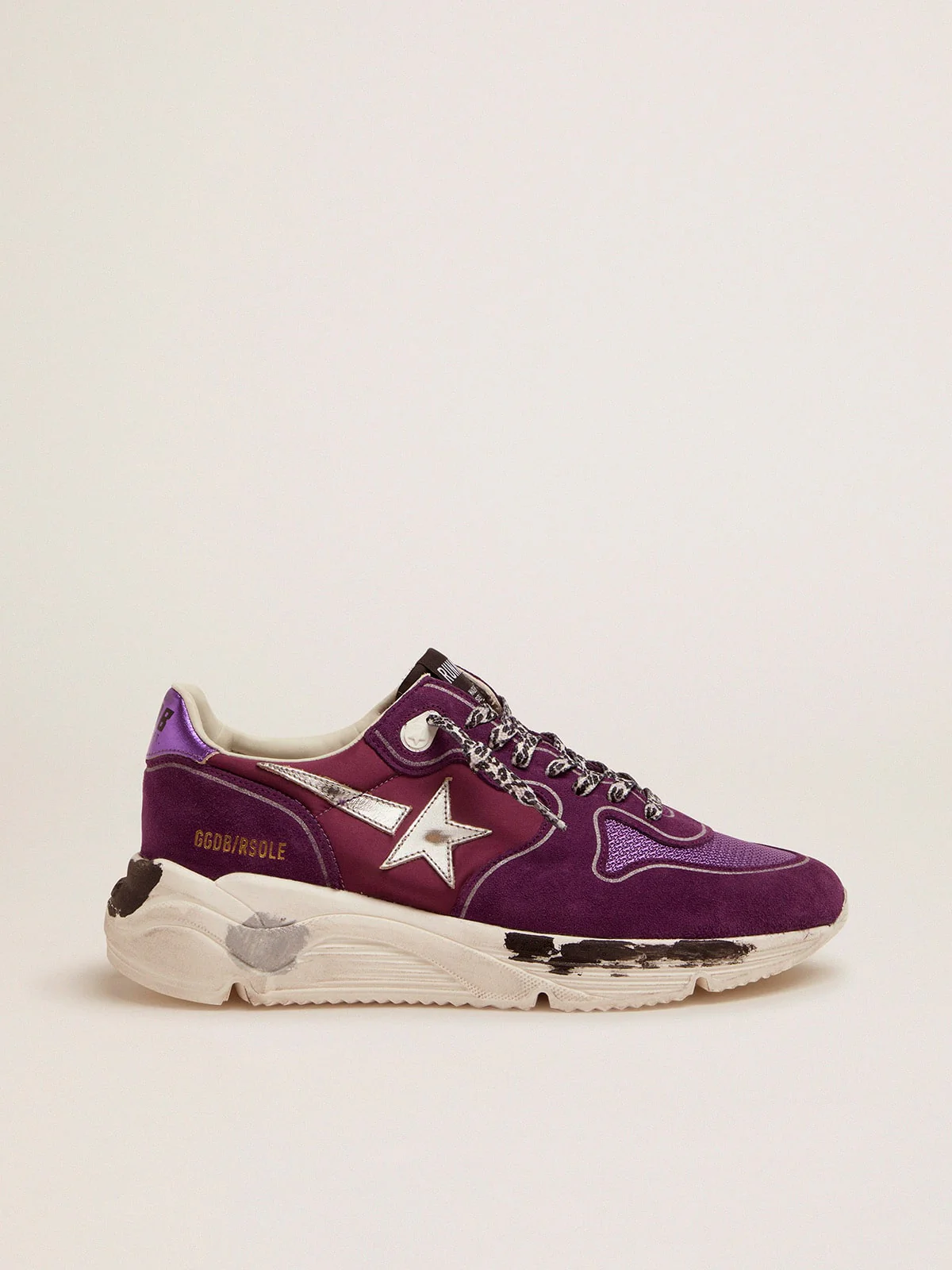 Women | Suede, Leather & Mesh Running Sole Sneakers with Metallic Heel Tab | Purple x Silver - Image 4