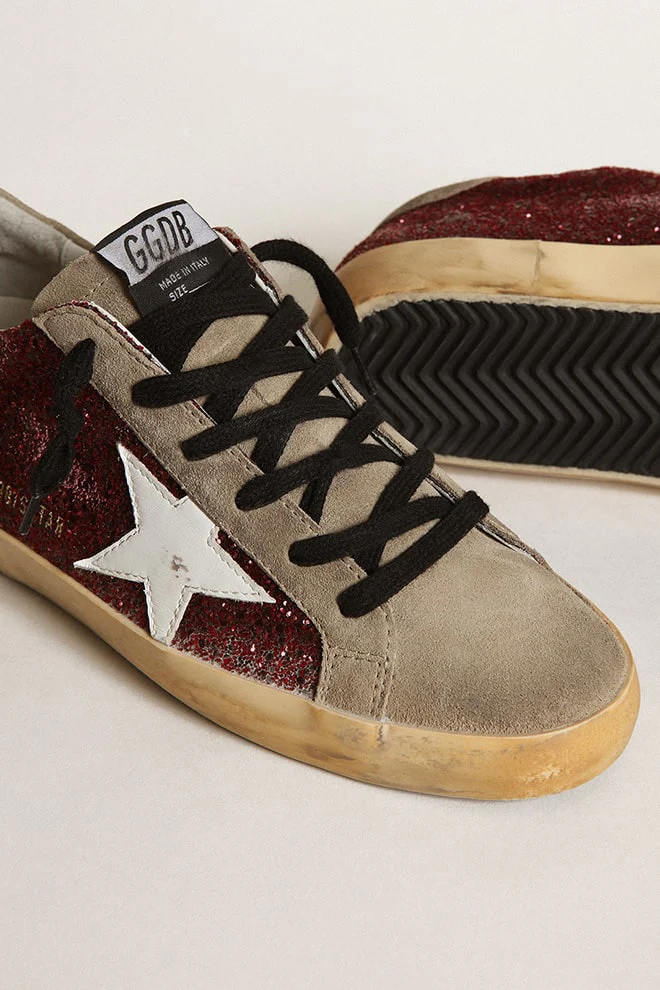 Women | Super-Star Burgundy Glitter with White Leather Star & Dove-Gray Suede Tongue | Bordeaux x Taupe x White - Image 5