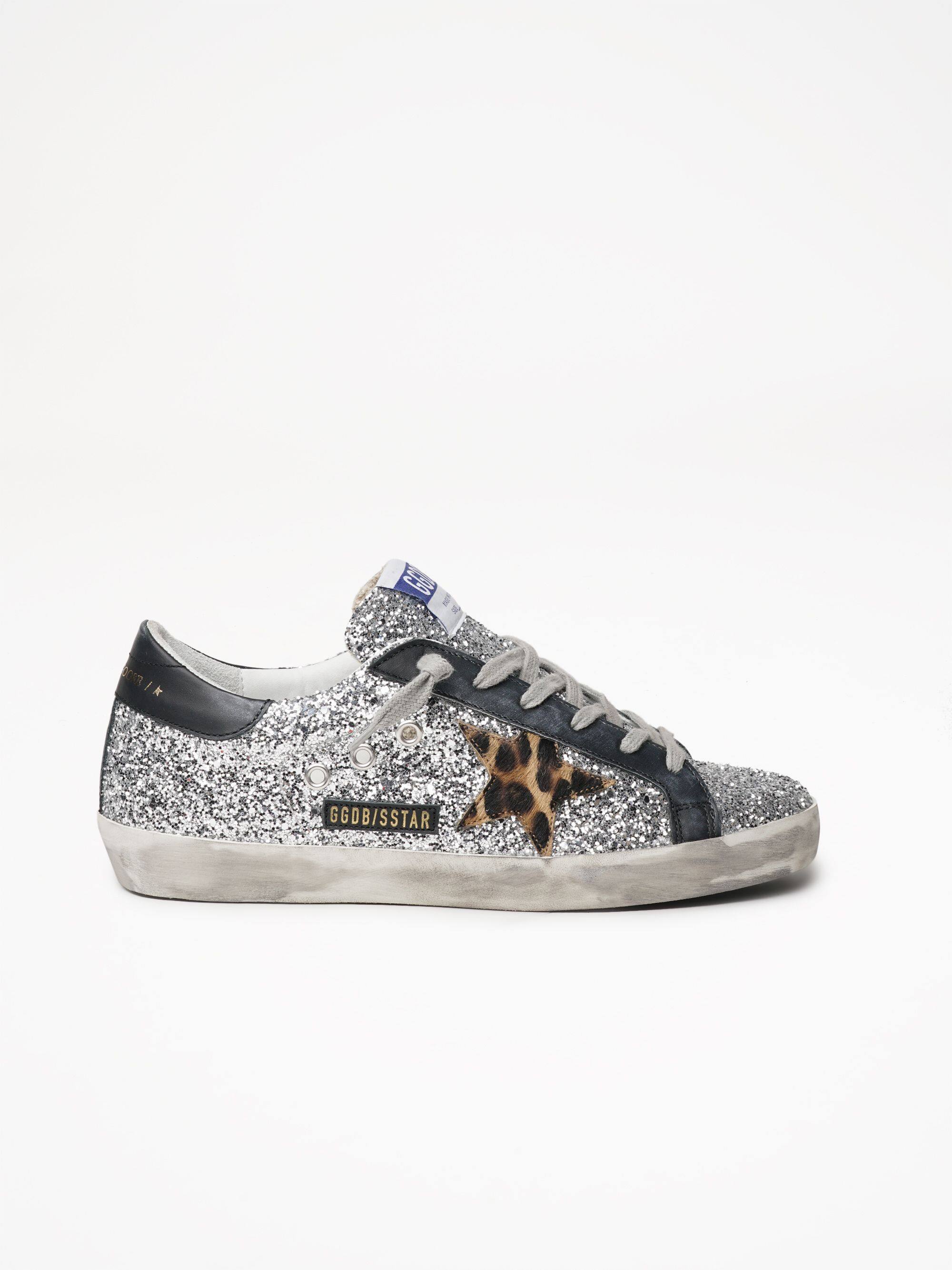 Women | Super-Star Glitter Upper Horsy Star Leather Heel | Silver x Beige Brown Leo x Black - Image 2