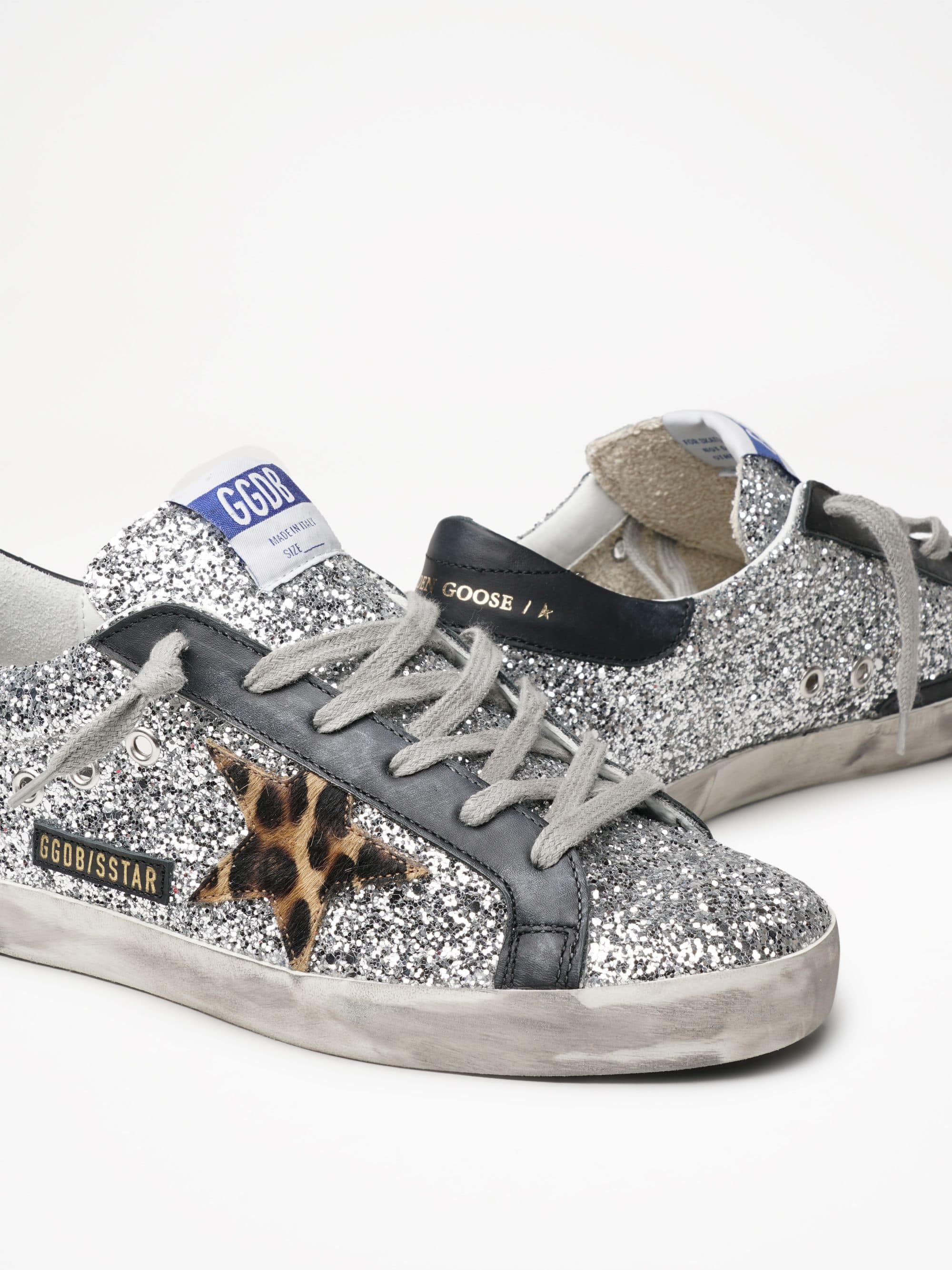 Women | Super-Star Glitter Upper Horsy Star Leather Heel | Silver x Beige Brown Leo x Black - Image 3