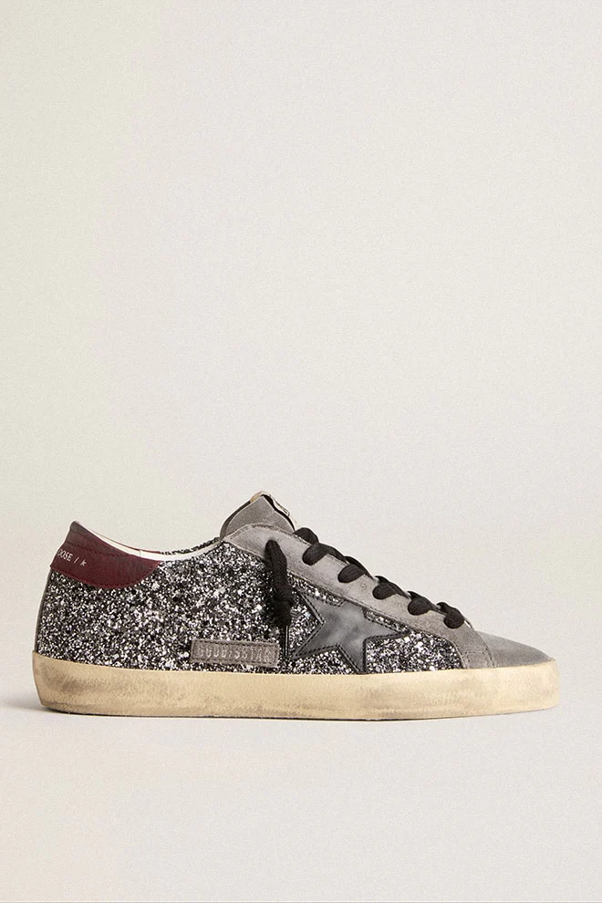 Women | Super Star Grey Glitter & Suede Toe with Black Star & Red Wine Heel | Sliver x Black x Gray x Red Wine - Image 2