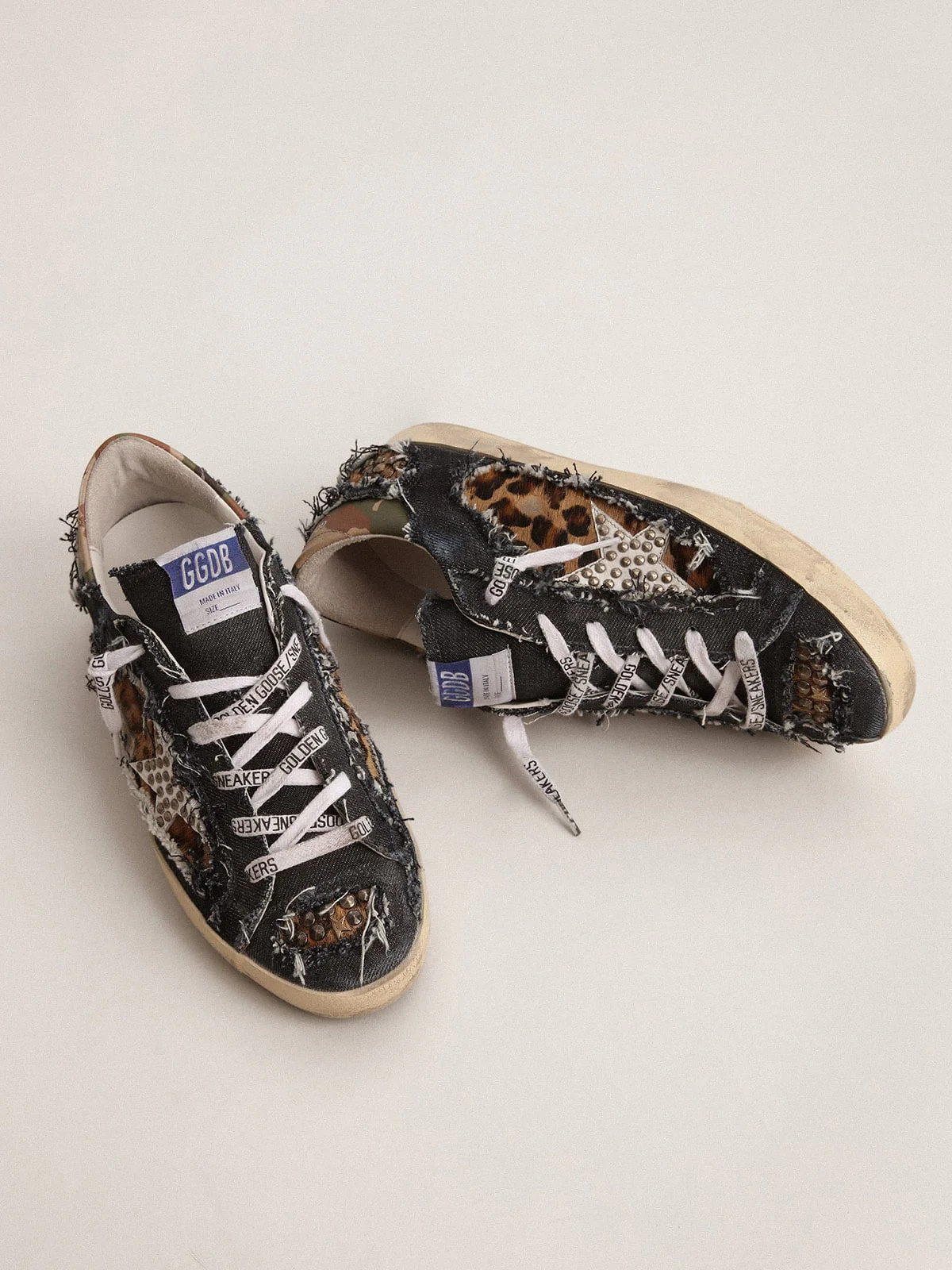 Women | Super-Star Lab Sneakers Denim & Leopard-Print Pony Skin | Blue Beige Brown Black Leo x White x Green Camou - Image 2