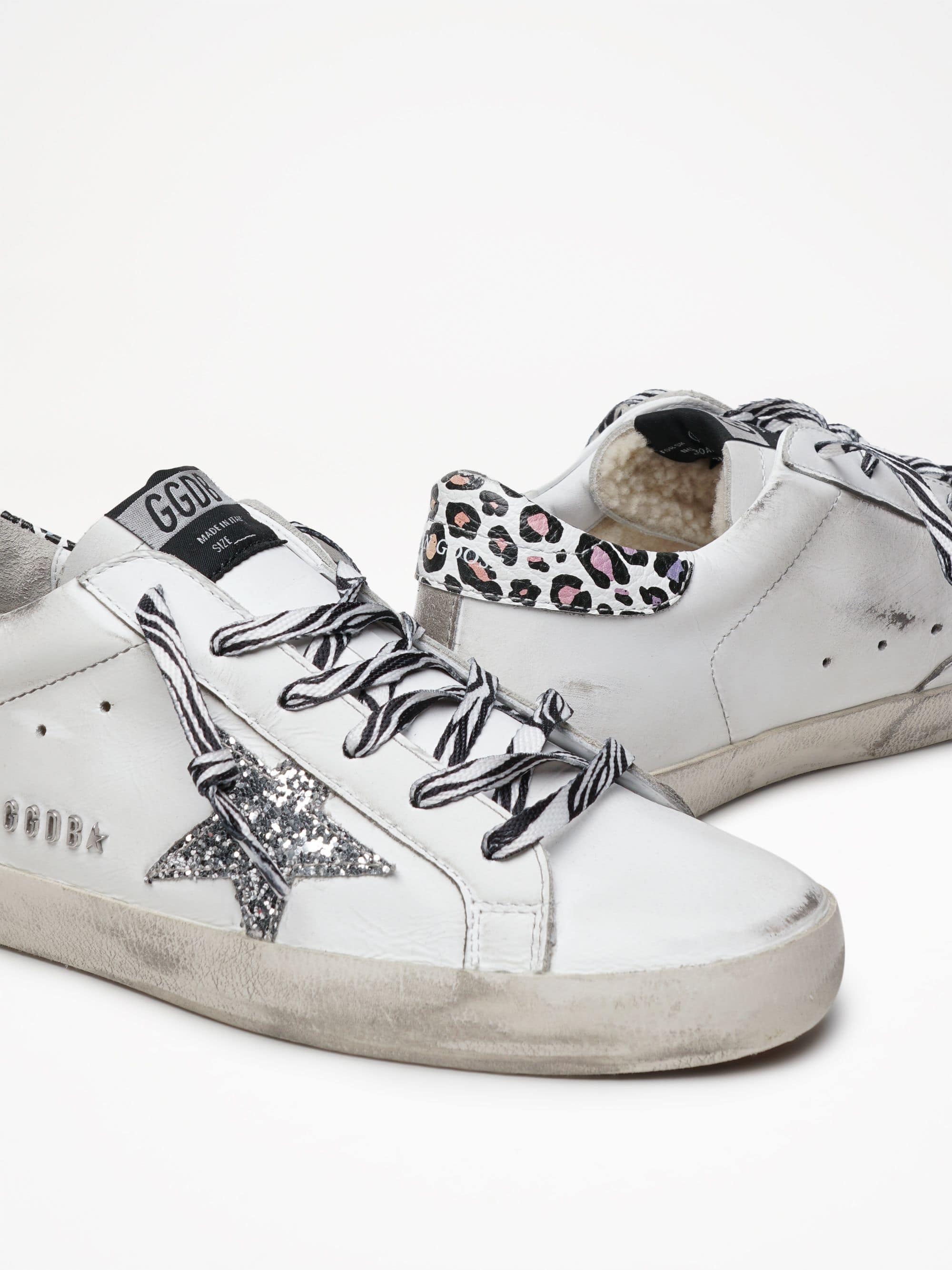 Women | Super-Star Leather Upper Glitter Star Leo Heel | White x Silver x Multicolor Leo - Image 4