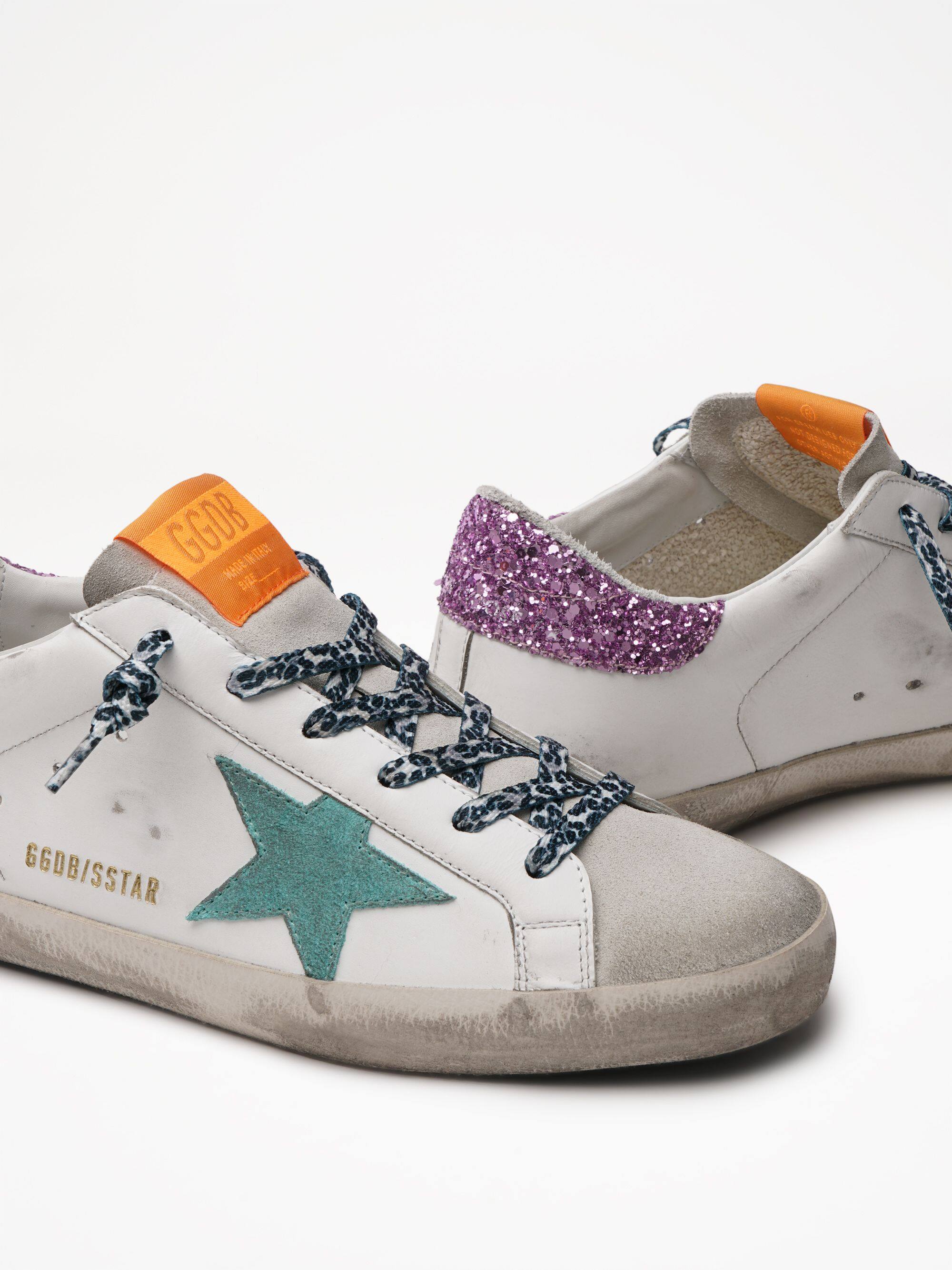 Women | Super-Star Leather Upper Suede Star Glitter Heel | Ice x White x Aquamarine x Pink - Image 2