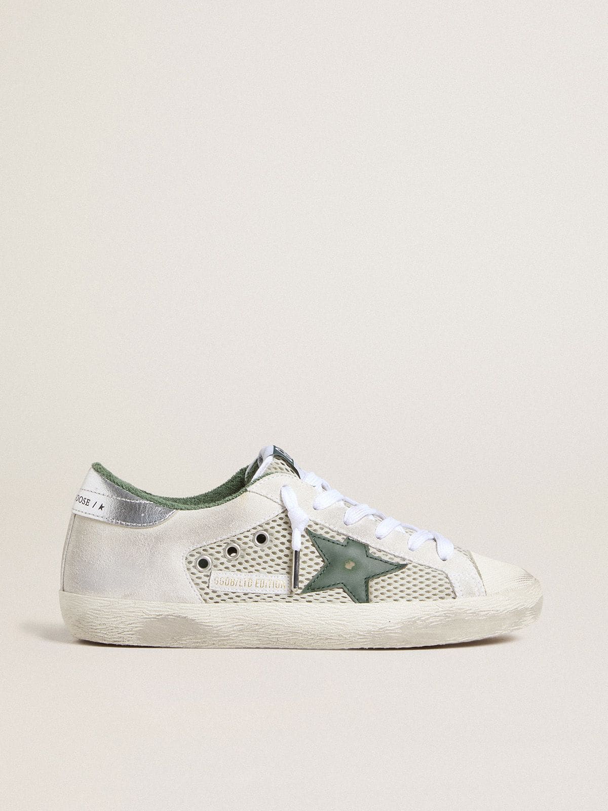 Women | Super-Star Ltd White Suede & Mesh with Green Leather Star & Silver Foiled Leather Heel Tab | White x Green x Silver - Image 8