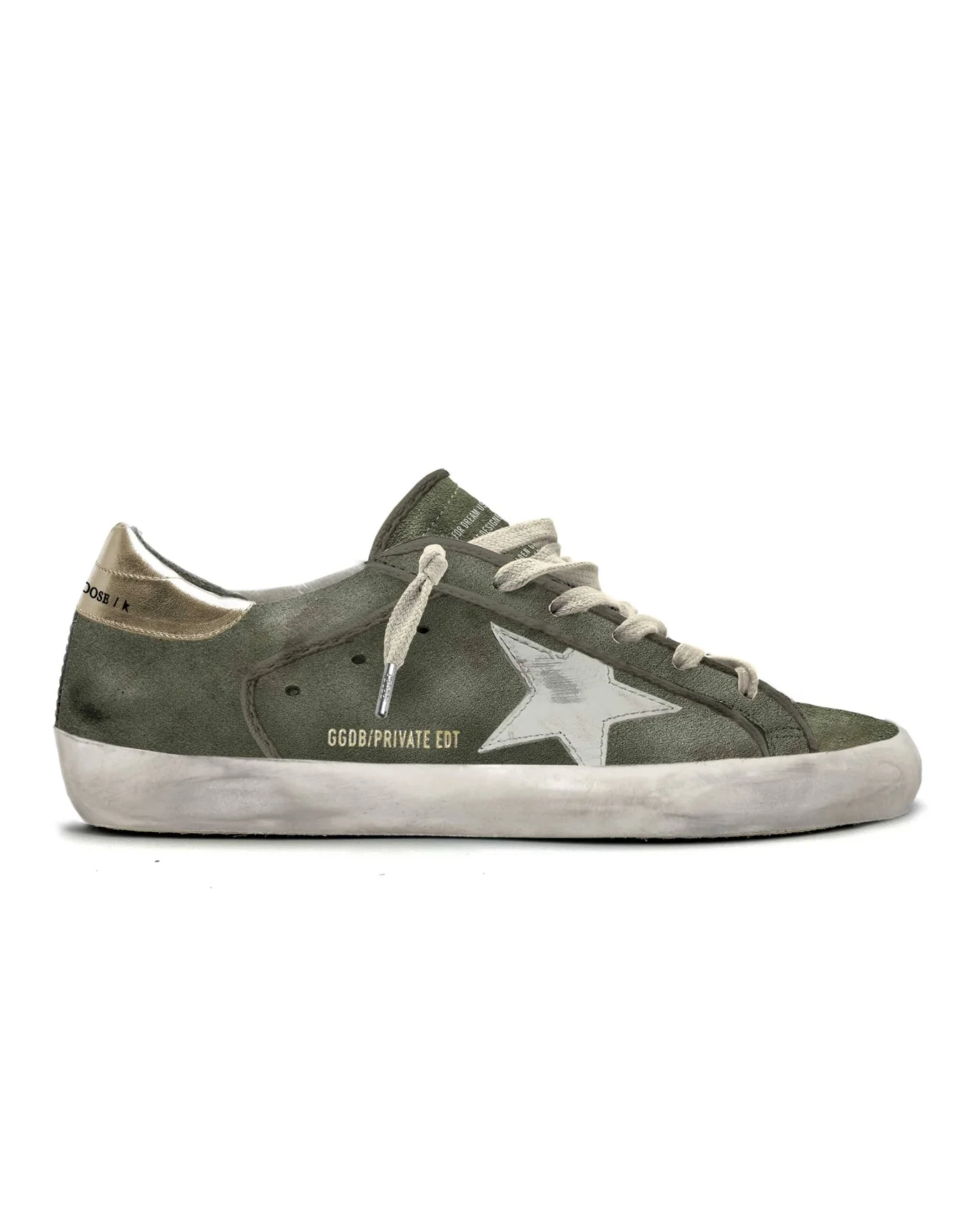 Women | Super-Star Military Green Suede with White Star & Gold Laminated Heel Tab | Olive Green x Ice x Gold