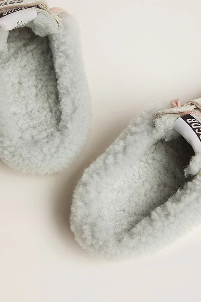 Women | Super-Star Sabot School Sneakers Leather with Silver Glitter Star & Shearling Interior | White x Ice x Silver x Light Blue - Image 6