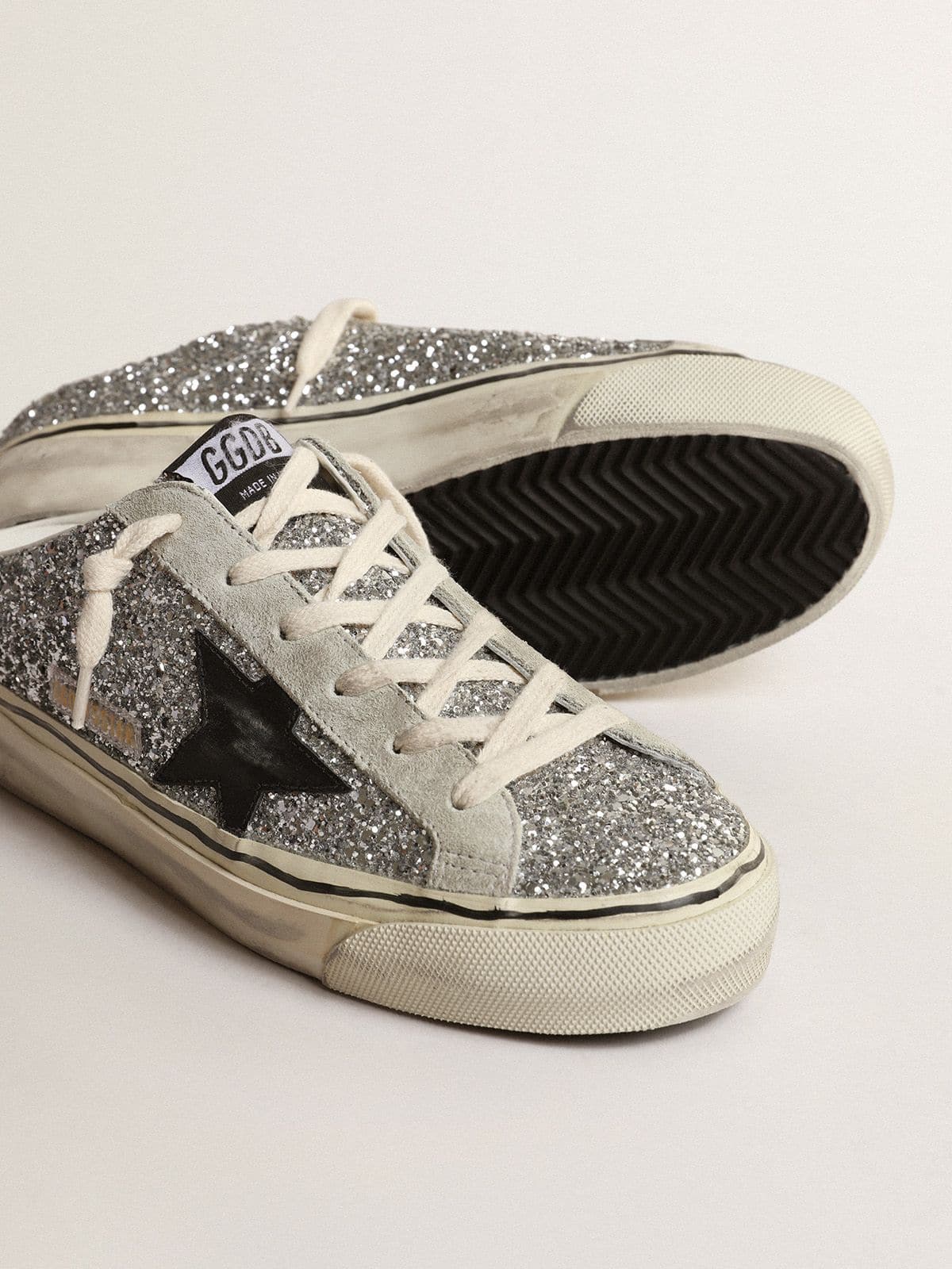 Women | Super-Star Sabot Silver Glitter with Black Leather Star | Silver x Ice x Black - Image 5