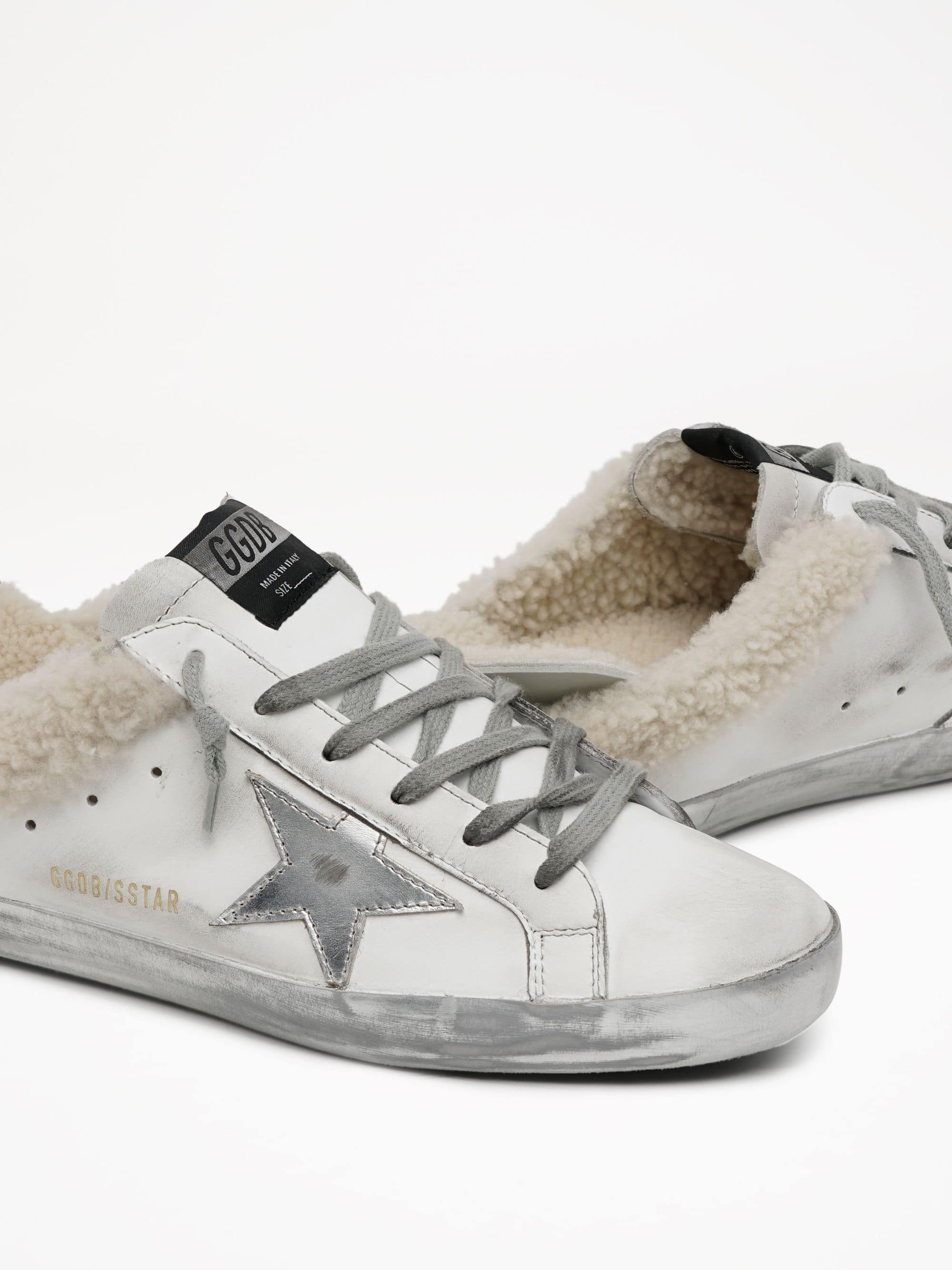 Women | Super-Star Sabot Sneakers White Leather with Silver Leather Star & Internal Shearling | White x Silver x Beige - Image 4