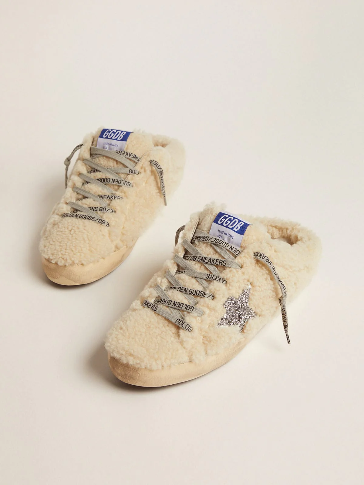Women | Super-Star Sabot White Shearling & Glitter Star | Natural White x Silver - Image 2