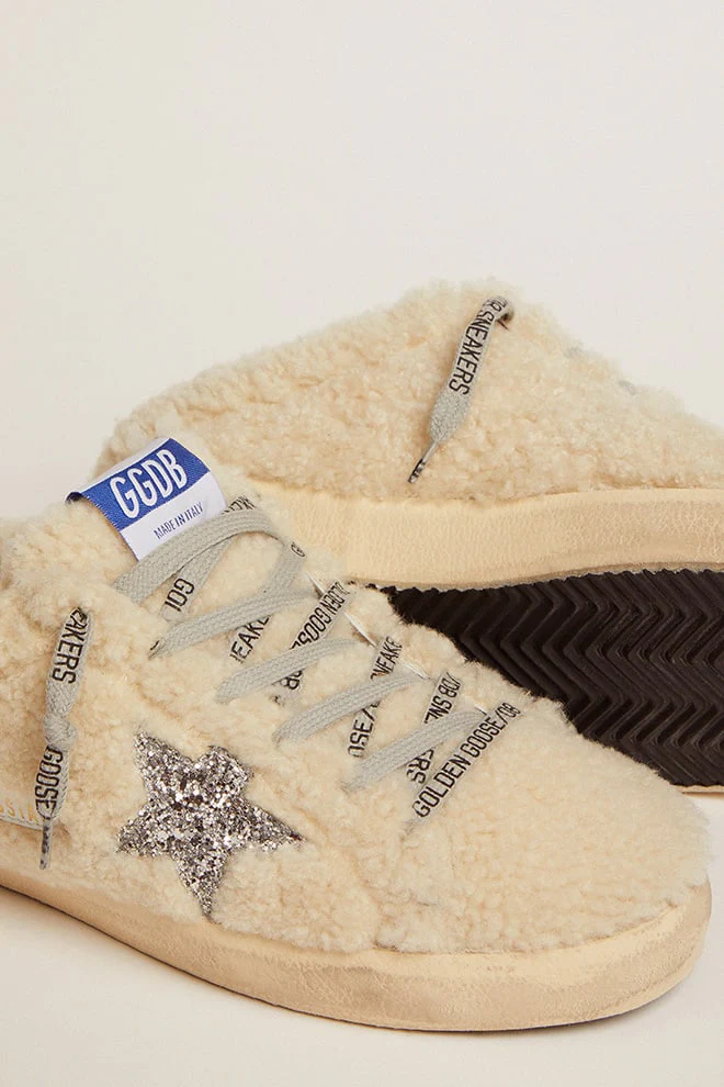Women | Super-Star Sabot White Shearling & Glitter Star | Natural White x Silver - Image 9