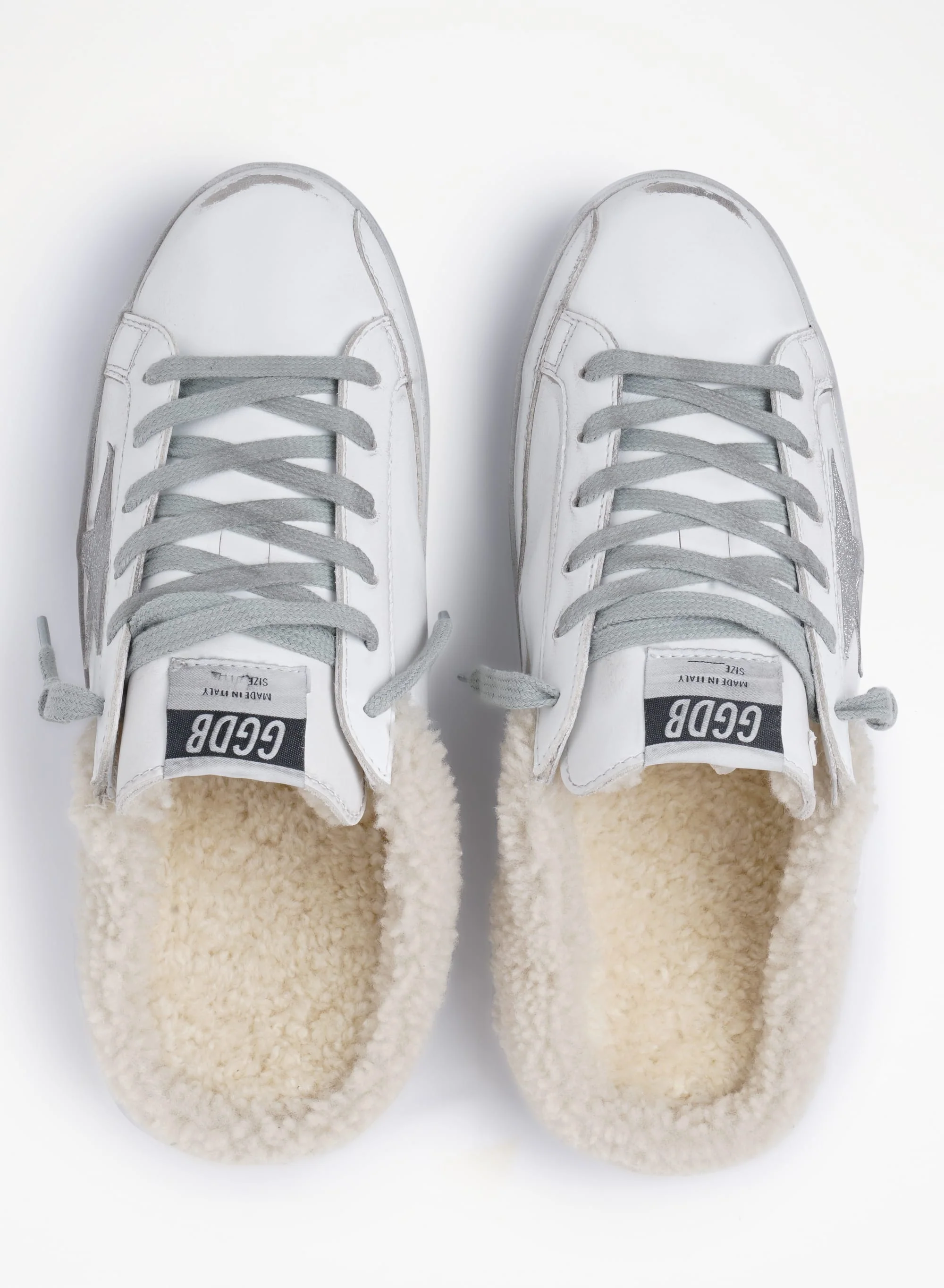 Women | Super-Star Sabots White Leather with Shearling Lining | White x Silver x Beige - Image 5