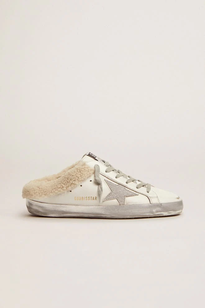 Women | Super-Star Sabots White Leather with Shearling Lining | White x Silver x Beige - Image 7