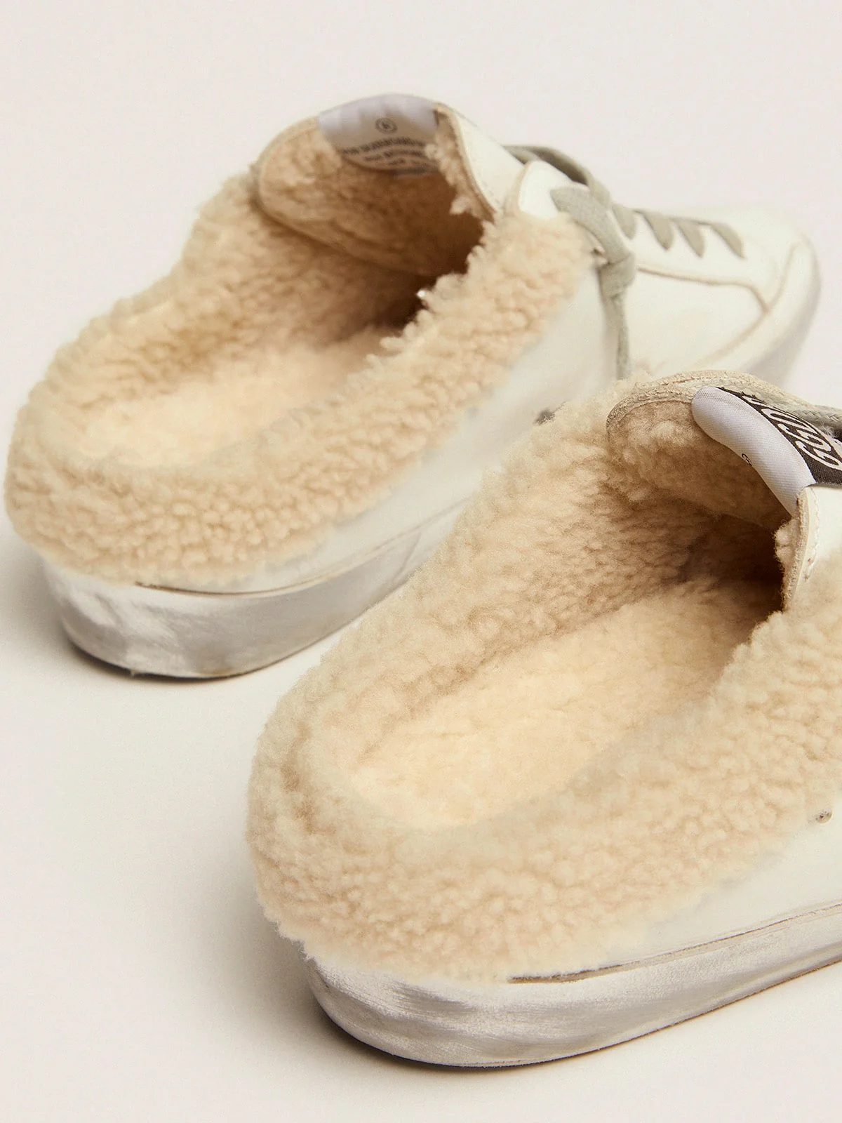 Women | Super-Star Sabots White Leather with Shearling Lining | White x Silver x Beige - Image 9
