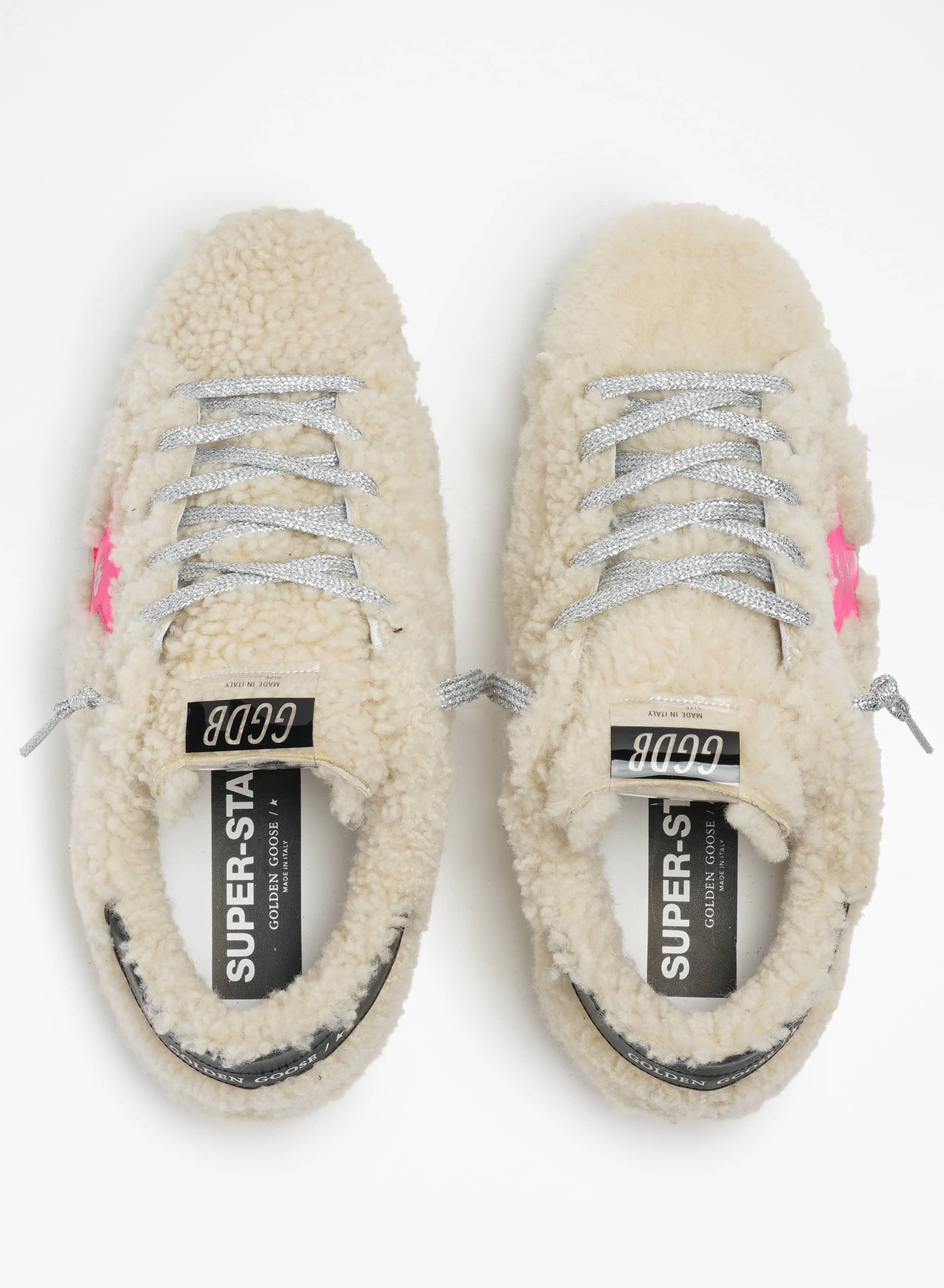 Women | Super-Star Sneakers Beige Shearling with Pink Star & Black Heel Tab | Beige x Fluo Fuxia x Night Blue - Image 4