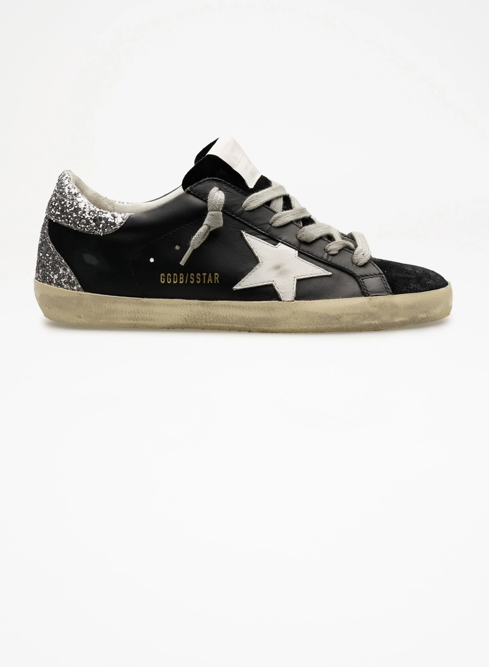 Women | Super-Star Sneakers Black Leather & Velvet with White Star & Glitter Heel | Black x White x Silver - Image 3