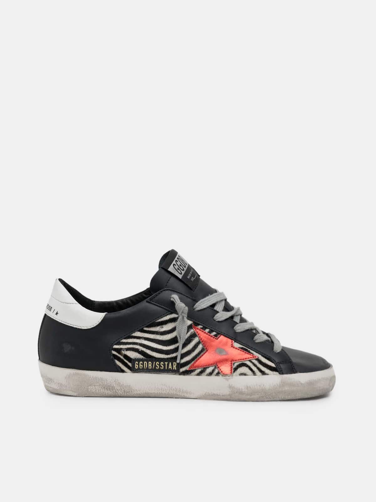 Women | Super-Star Sneakers Black Leather & Zebra Pony Skin with Metallic Red Leather Star & White Leather Heel Tab | Black x Zebra x Red x White - Image 3