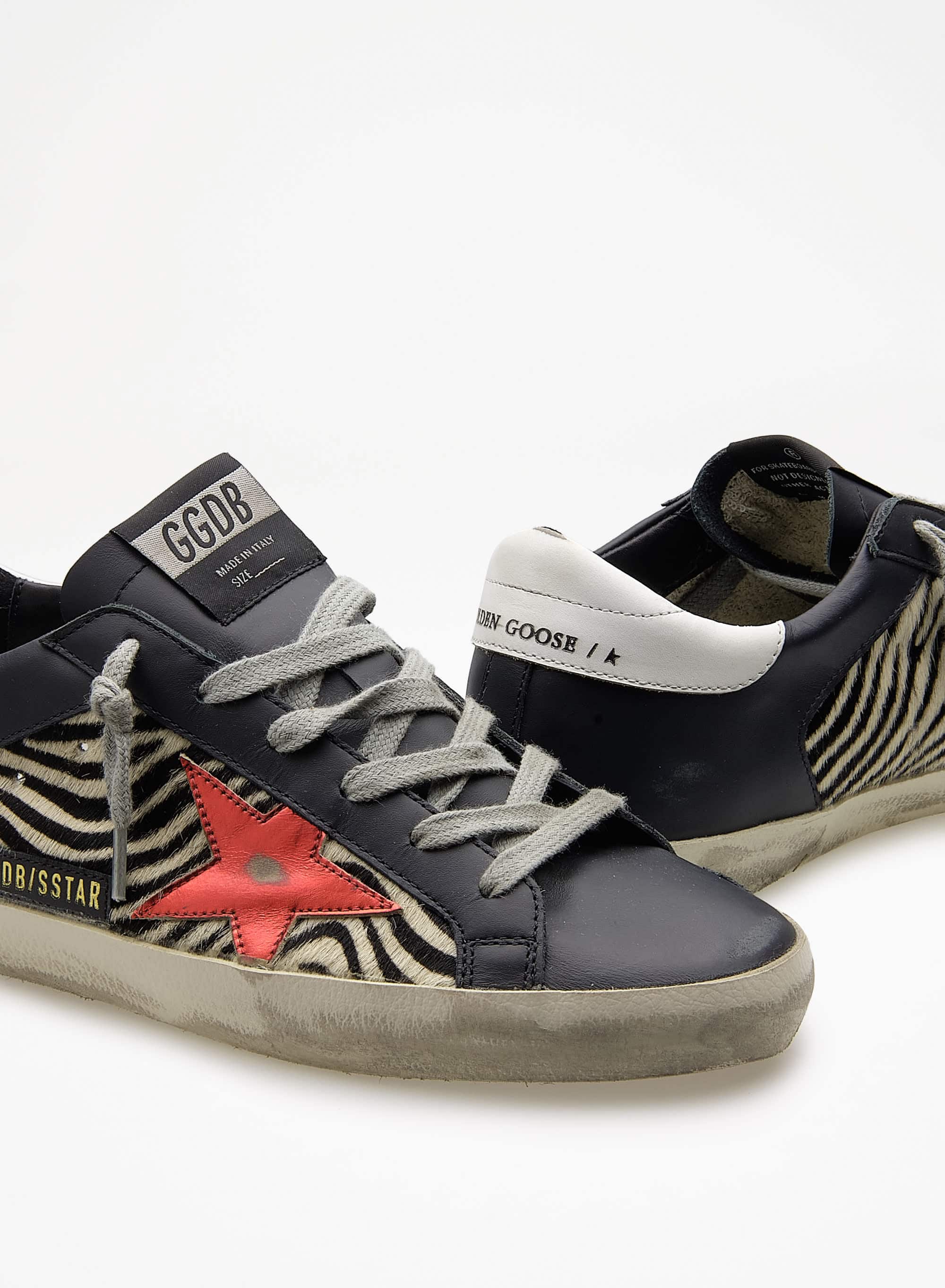 Women | Super-Star Sneakers Black Leather & Zebra Pony Skin with Metallic Red Leather Star & White Leather Heel Tab | Black x Zebra x Red x White - Image 5