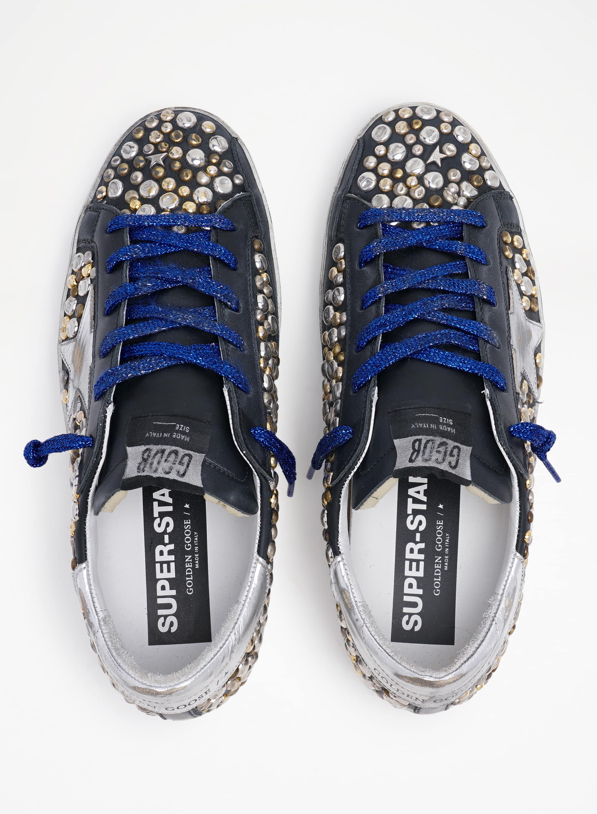 Women | Super-Star Sneakers Black Leather with Hammered Studs & Silver Laminated Leather Star | Black x Silver Gold Bronze x Silver - Image 2