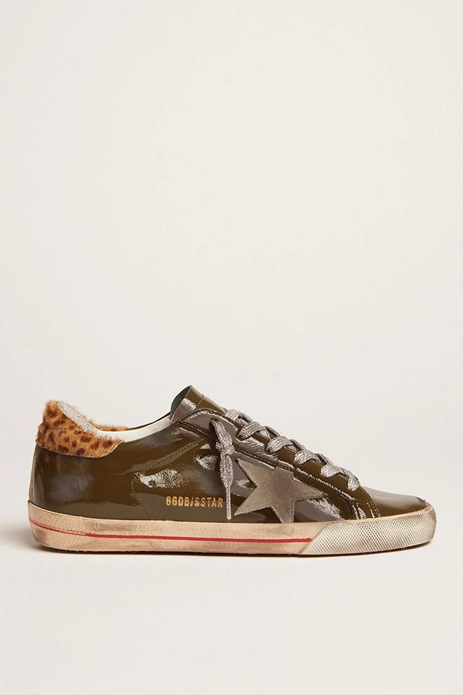 Women | Super-Star Sneakers Brown Lucid Leather with Suede Star & Leopard Pony Skin Heel Tab | Forest Green x Ice x Cream Light Brown Giraffe - Image 6
