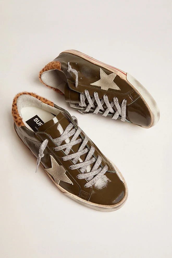 Women | Super-Star Sneakers Brown Lucid Leather with Suede Star & Leopard Pony Skin Heel Tab | Forest Green x Ice x Cream Light Brown Giraffe - Image 7