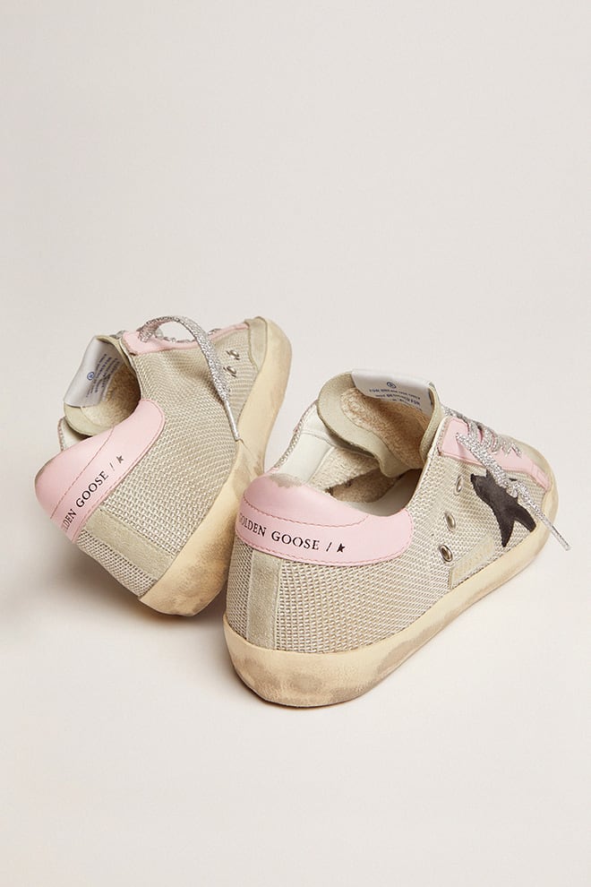 Women | Super-Star Sneakers Cream Mesh with Black Suede Star & Pink Leather Heel Tab & Insert | Silver x Black x Baby Pink - Image 5