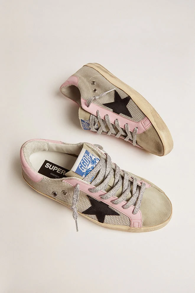 Women | Super-Star Sneakers Cream Mesh with Black Suede Star & Pink Leather Heel Tab & Insert | Silver x Black x Baby Pink - Image 7