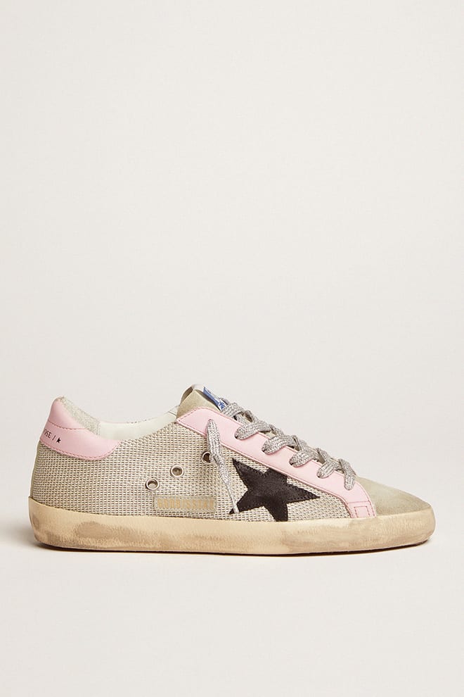 Women | Super-Star Sneakers Cream Mesh with Black Suede Star & Pink Leather Heel Tab & Insert | Silver x Black x Baby Pink - Image 8