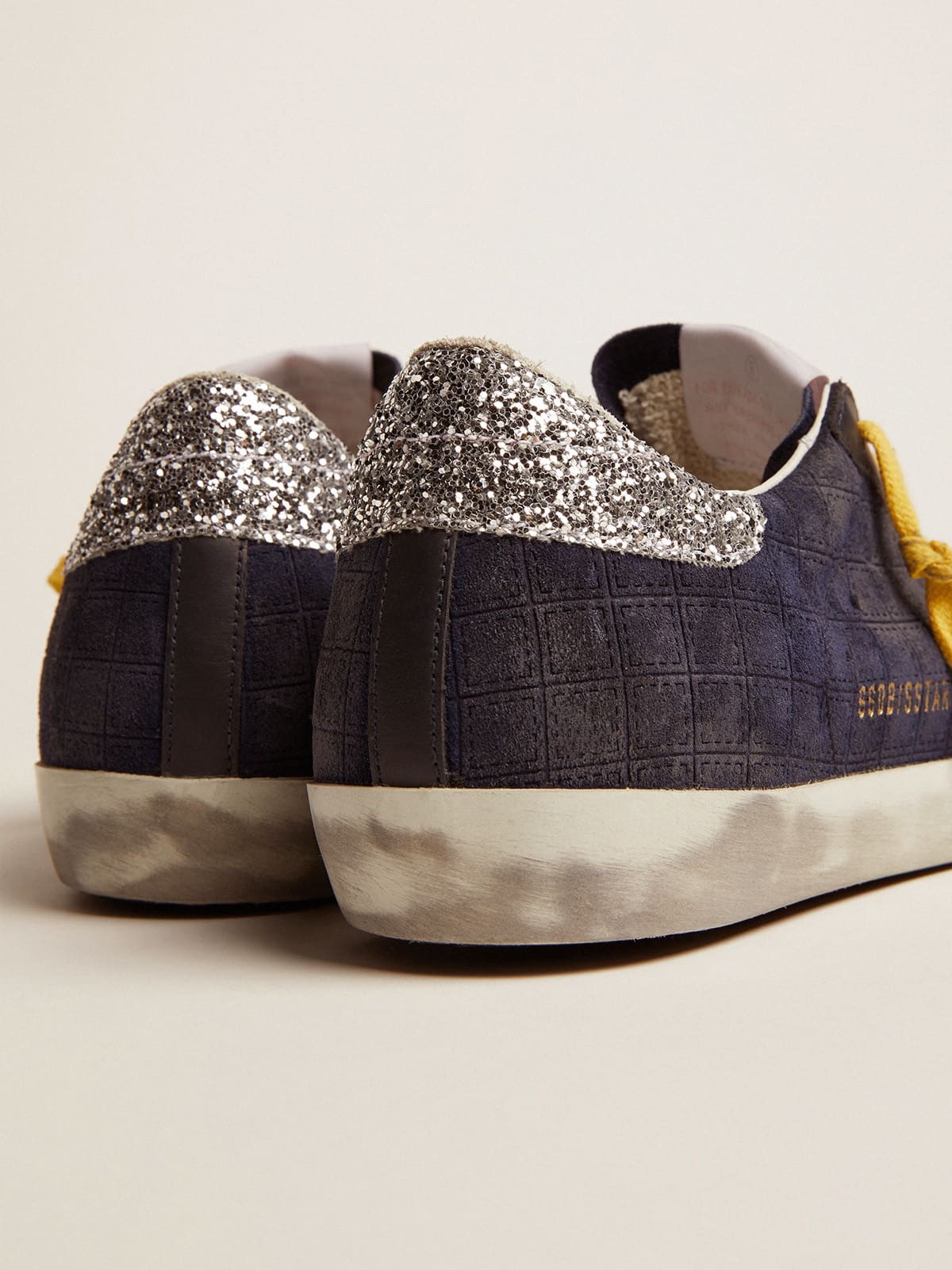 Women | Super-Star Sneakers Dark Blue Suede with Checkered Pattern & Silver Glitter Details | Dark Blue x Silver - Image 3